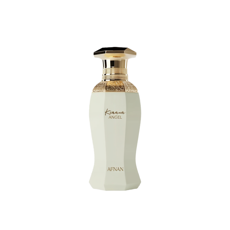 A tall, faceted perfume bottle in a soft pastel-green hue with a decorative gold collar and cap, featuring the words "Kiana Angel" and the brand name "Afnan."