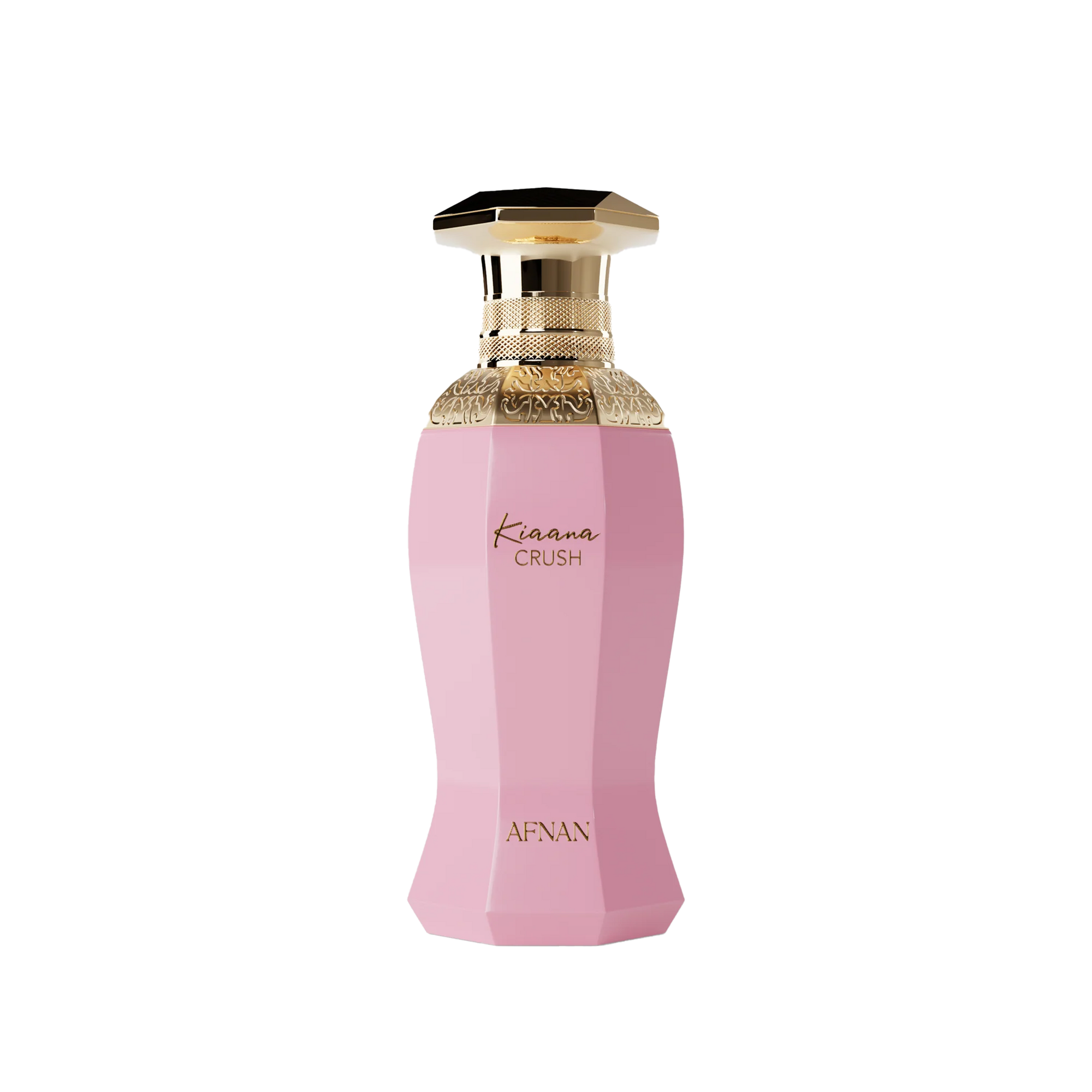 Pink faceted perfume bottle with gold ornate cap and Kiaana Crush Afnan branding on front.
