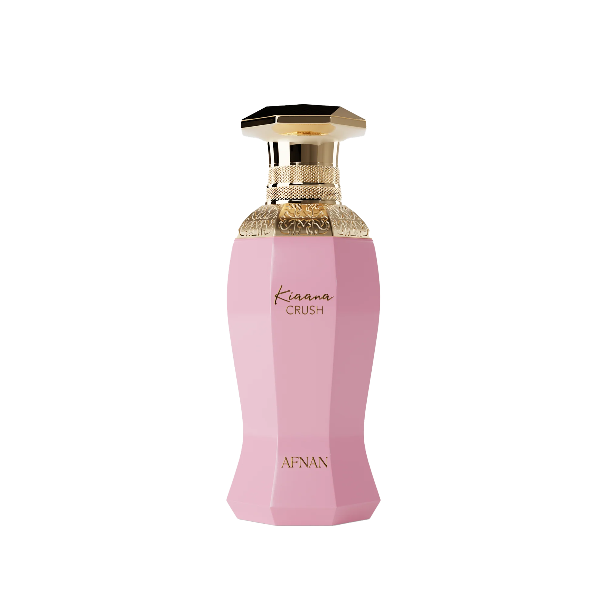 Pink faceted perfume bottle with gold ornate cap and Kiaana Crush Afnan branding on front.