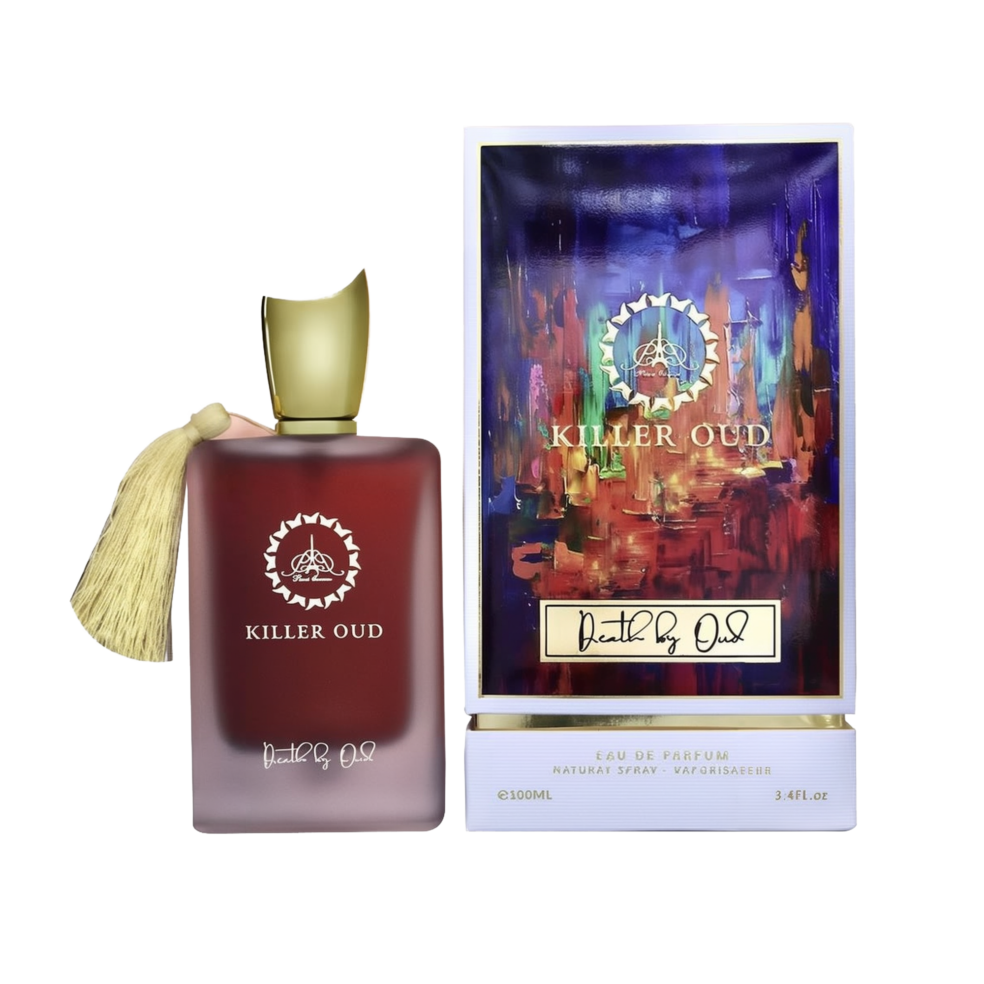 A white box with a vibrant, abstract purple and red artwork labeled “Killer Oud” and “Death by Oud” stands beside a matte-burgundy perfume bottle. The bottle has the same branding in white, a gold curved cap, and a matching gold tassel on the side.
