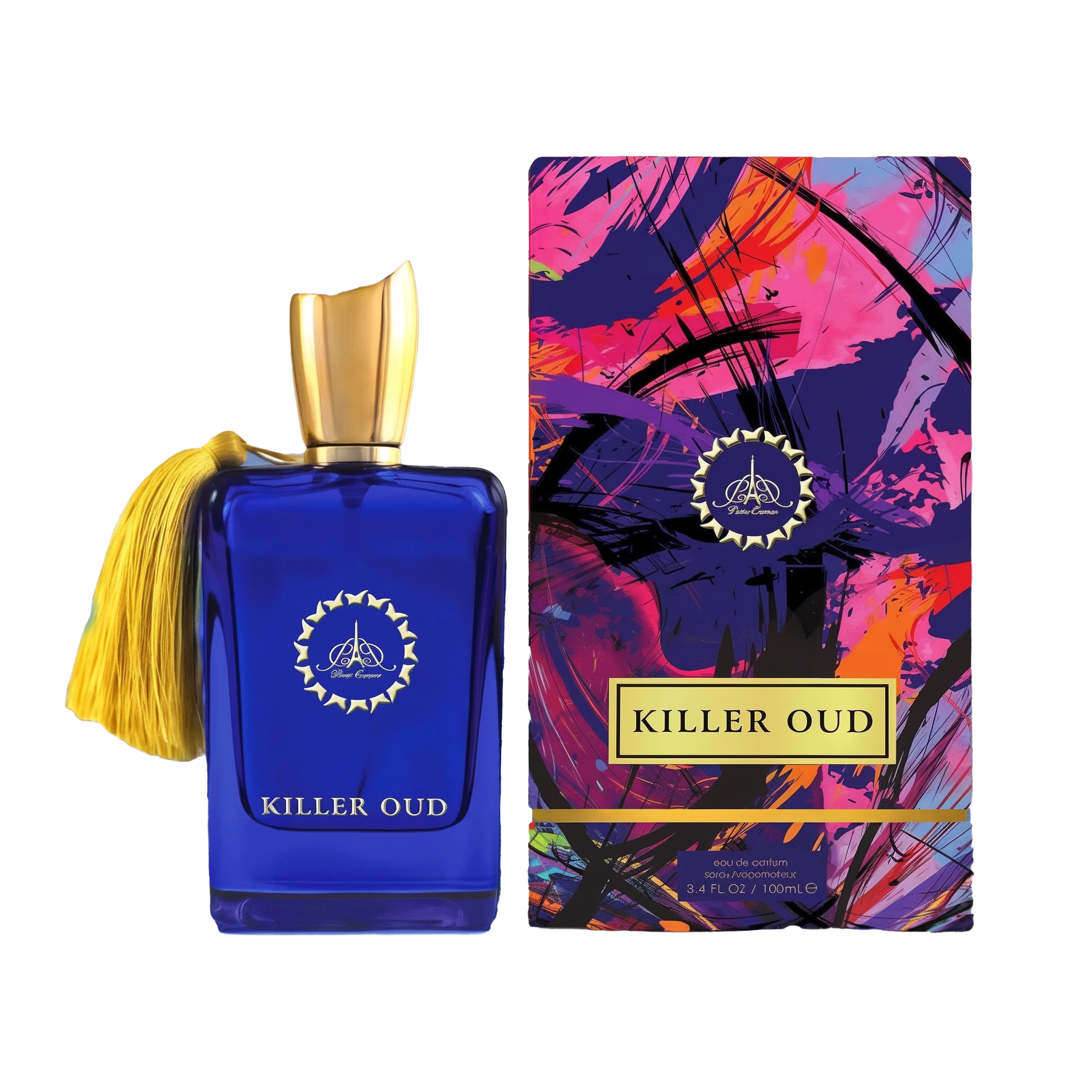 A rectangular cobalt blue perfume bottle with a gold cap and tassel stands beside a tall, vibrantly colored box featuring abstract pink, purple, and black brushstrokes. A circular gold emblem appears on the bottle’s front, and a gold label on the box reads “Killer Oud".