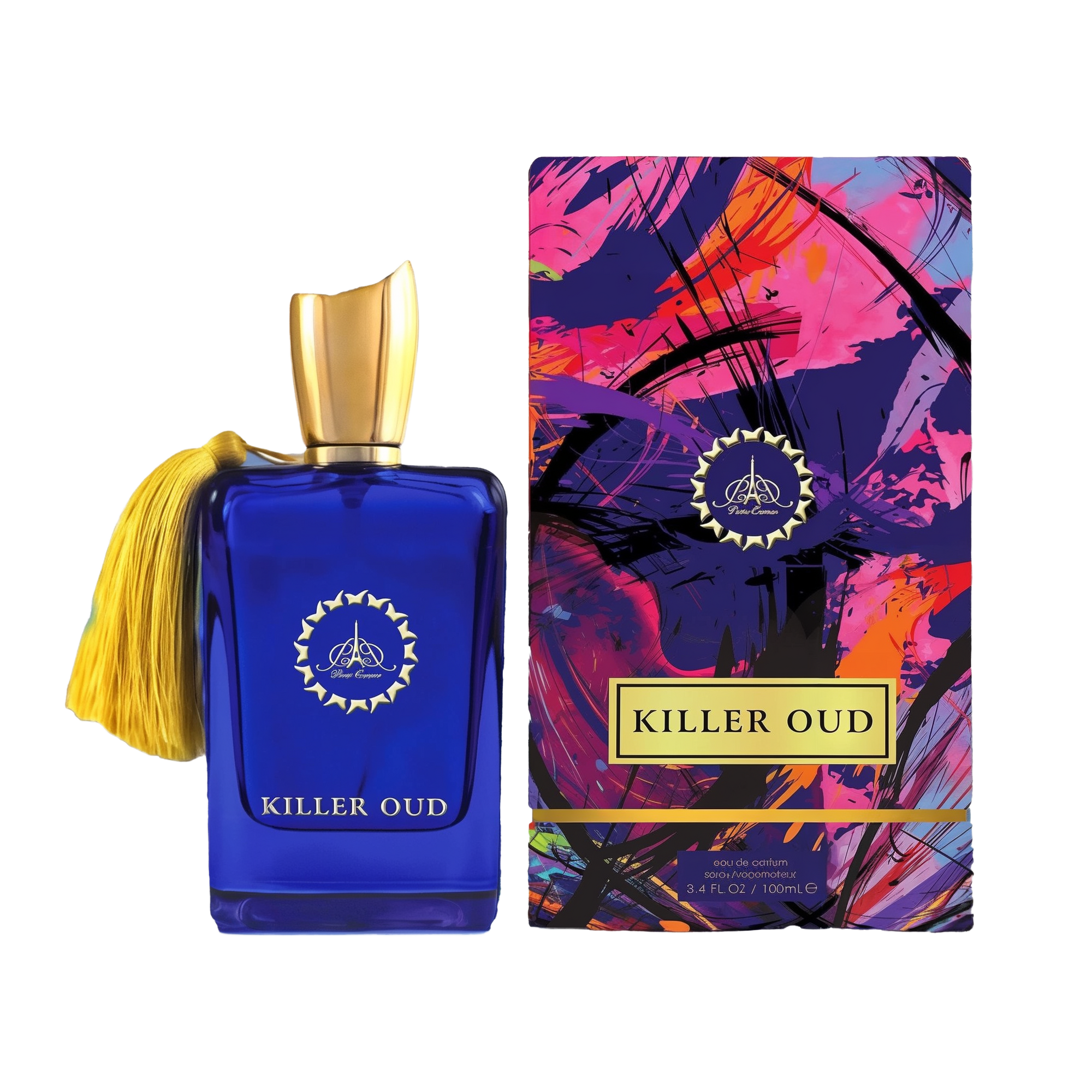 A rectangular cobalt blue perfume bottle with a gold cap and tassel stands beside a tall, vibrantly colored box featuring abstract pink, purple, and black brushstrokes. A circular gold emblem appears on the bottle’s front, and a gold label on the box reads “Killer Oud".