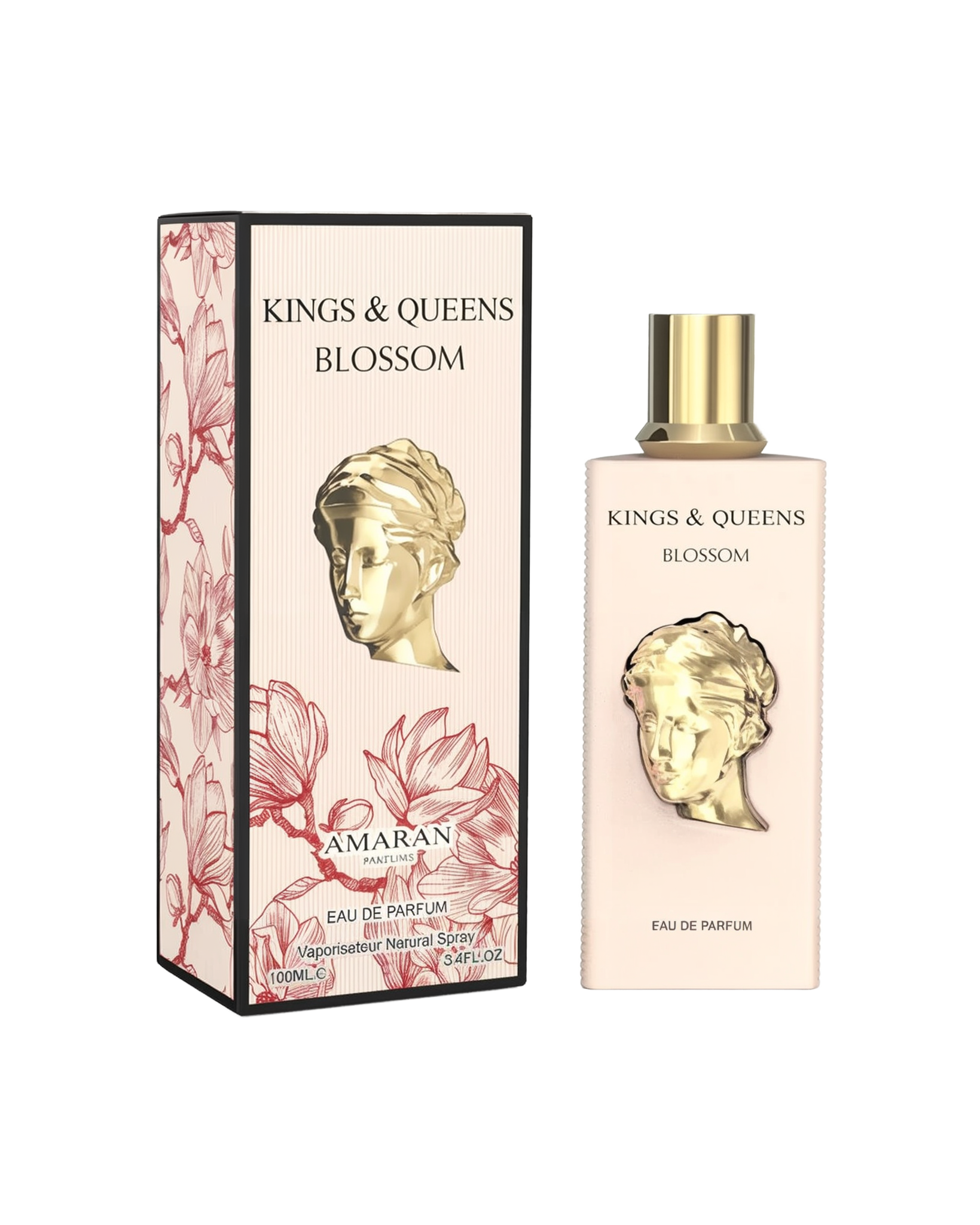 A rectangular pale pink perfume bottle featuring a gold bust design on the front and a gold cap stands next to a matching box. The box, edged in black, is decorated with red floral outlines and displays the product name “Kings & Queens Blossom” along with the brand “Amaran.”