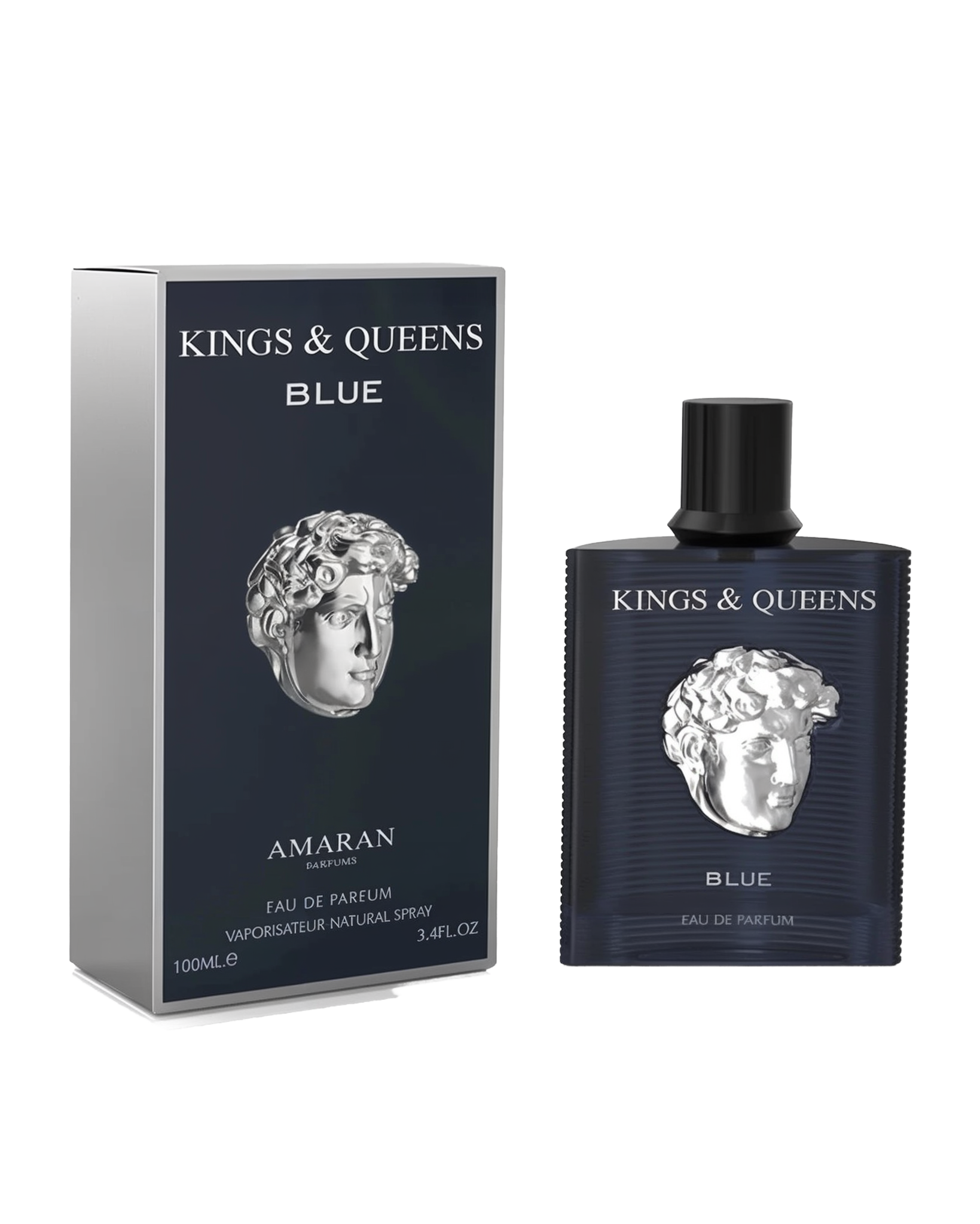 Kings & Queens Blue' Eau de Parfum by Amaran. The product includes a dark blue box with white text and a silver classical head sculpture design. 
