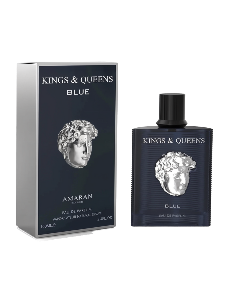 Kings & Queens Blue' Eau de Parfum by Amaran. The product includes a dark blue box with white text and a silver classical head sculpture design. 