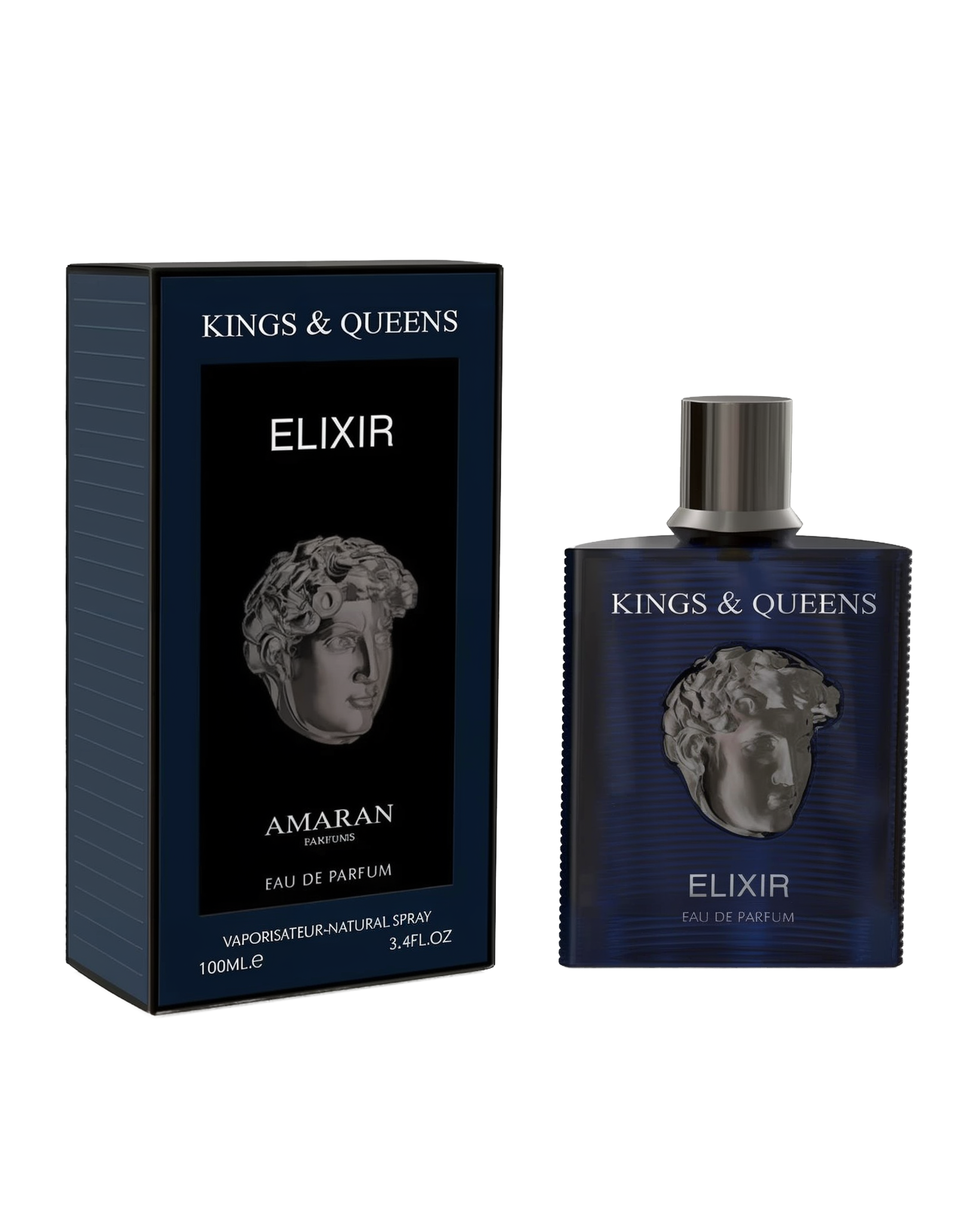 A dark navy rectangular perfume bottle featuring a metallic classical bust on the front and the text “Kings & Queens Elixir” stands beside a matching black box. The box also displays the bust motif, along with the brand name “Amaran Parfums.”