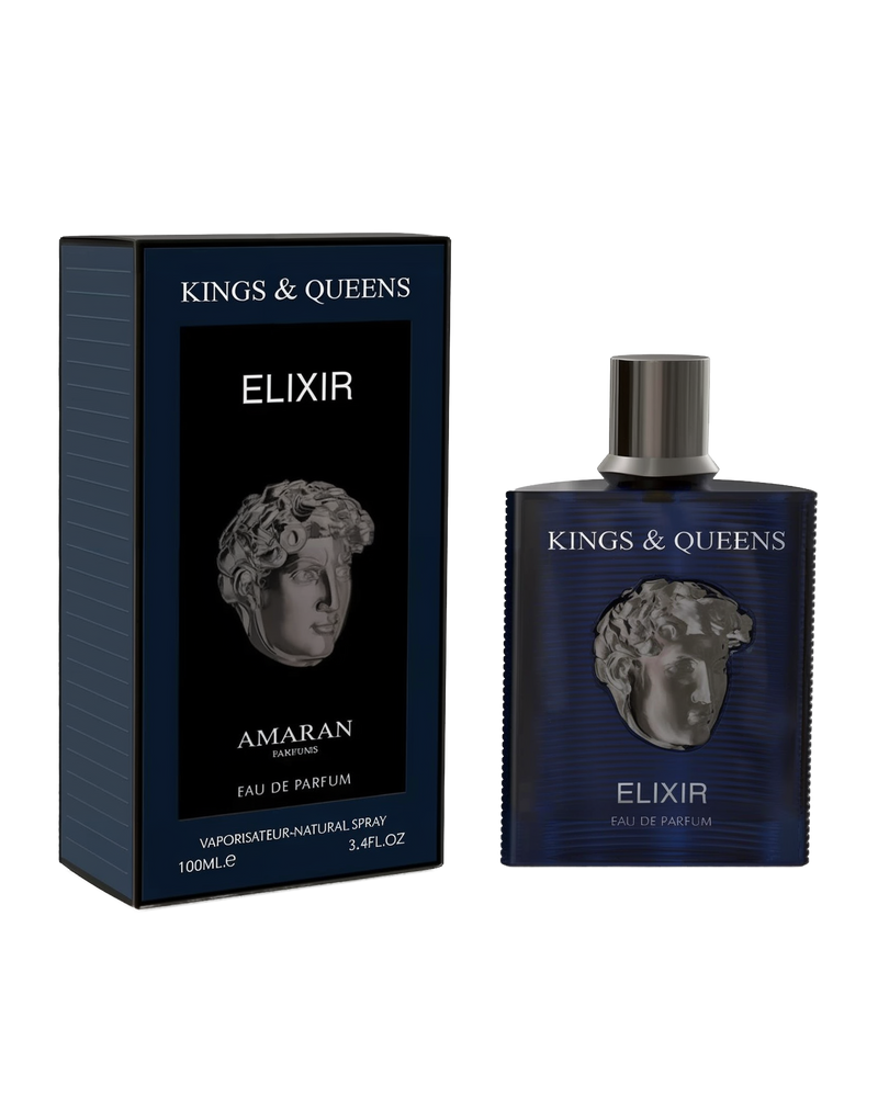 A dark navy rectangular perfume bottle featuring a metallic classical bust on the front and the text “Kings & Queens Elixir” stands beside a matching black box. The box also displays the bust motif, along with the brand name “Amaran Parfums.”