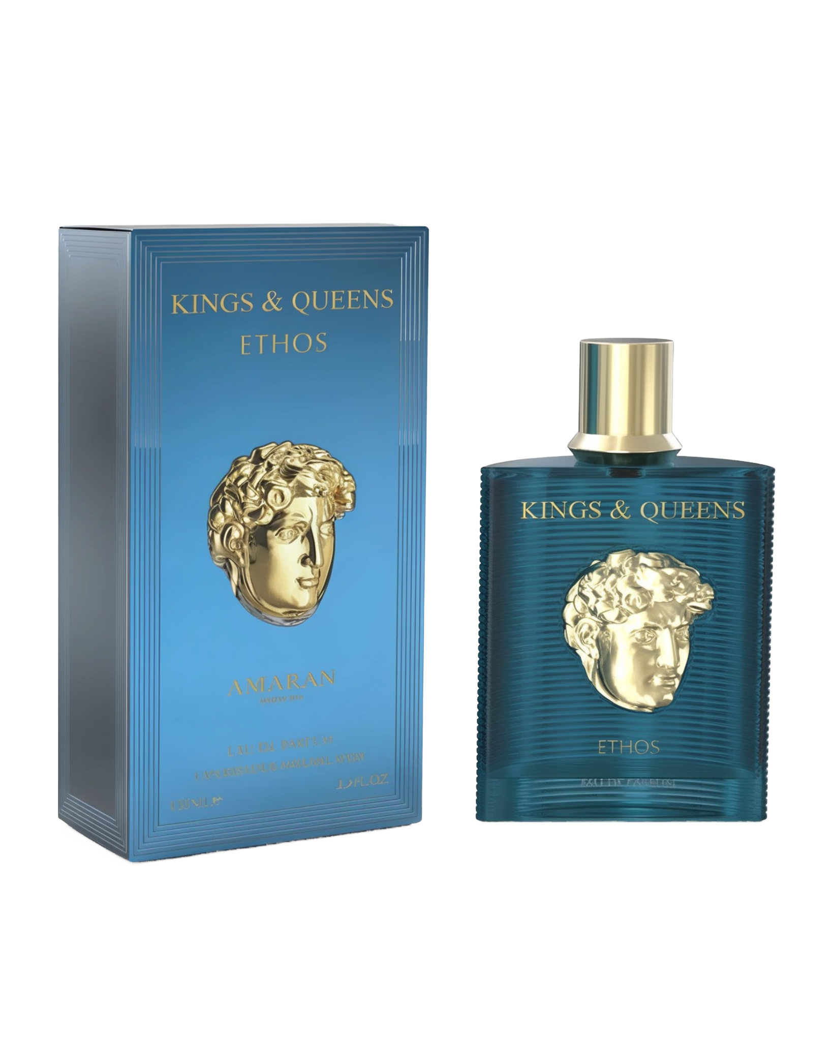 A rectangular teal perfume bottle with a gold cap and a gold classical bust design on the front stands beside a matching teal box. Both feature the text “Kings & Queens Ethos” and the brand name “Amaran” in gold lettering.