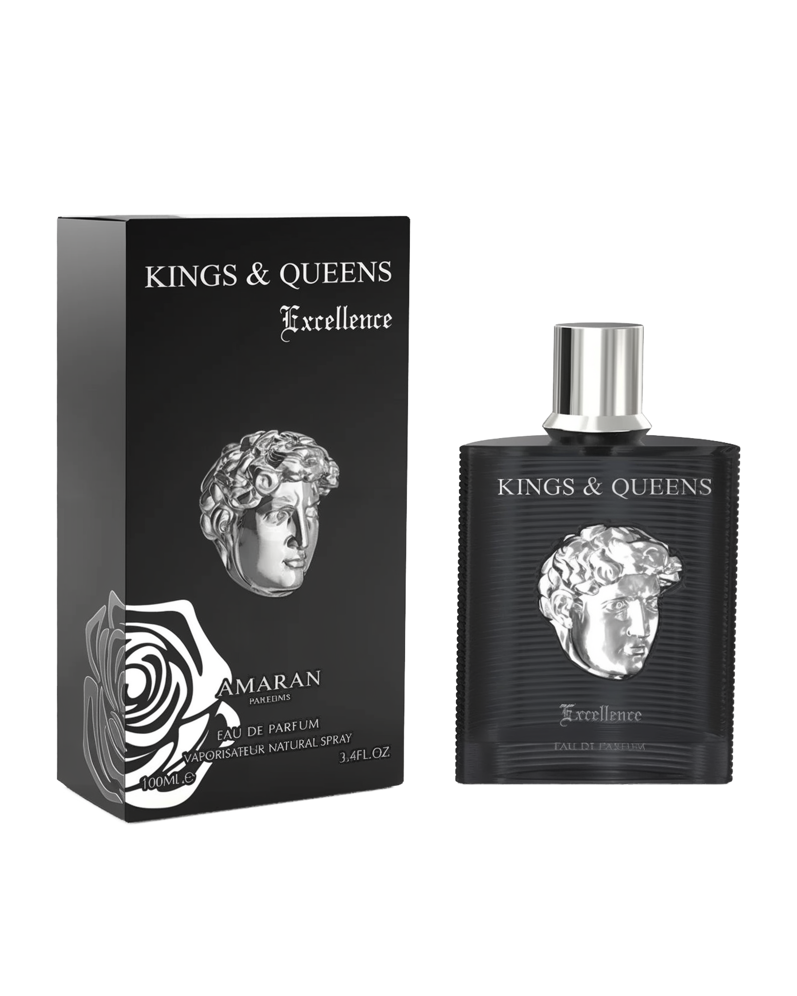 Image of 'Kings & Queens Excellence' Eau de Parfum by Amaran. The product features a sleek black box with white text and a silver classical head sculpture design. The 100ml bottle matches the box with a textured black finish, the same silver head sculpture emblem, and a metallic silver cap, giving it a bold and regal appearance.