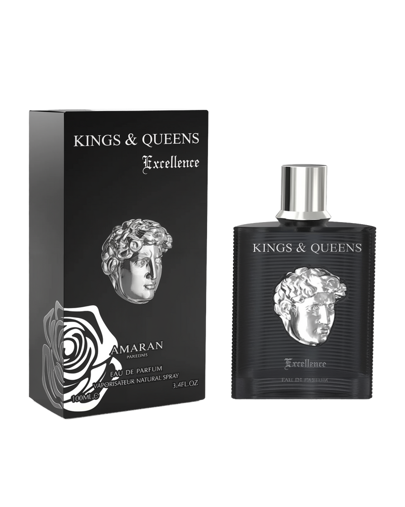 Image of 'Kings & Queens Excellence' Eau de Parfum by Amaran. The product features a sleek black box with white text and a silver classical head sculpture design. The 100ml bottle matches the box with a textured black finish, the same silver head sculpture emblem, and a metallic silver cap, giving it a bold and regal appearance.
