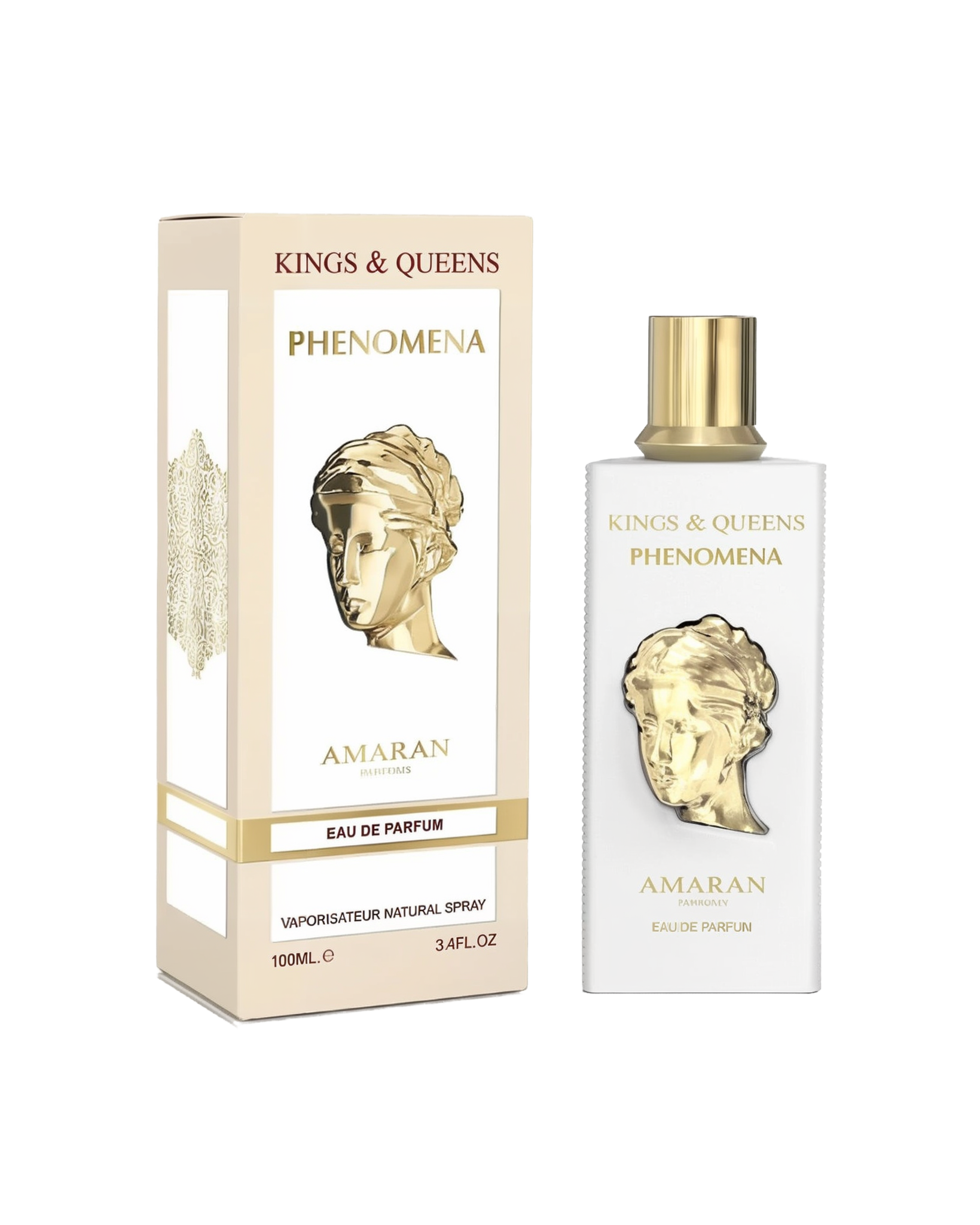 A rectangular white perfume bottle with a gold cap and a gold classical bust design on the front stands next to a matching white box with gold detailing. Both feature the text “Kings & Queens Phenomena” and the brand name “Amaran” in gold lettering.