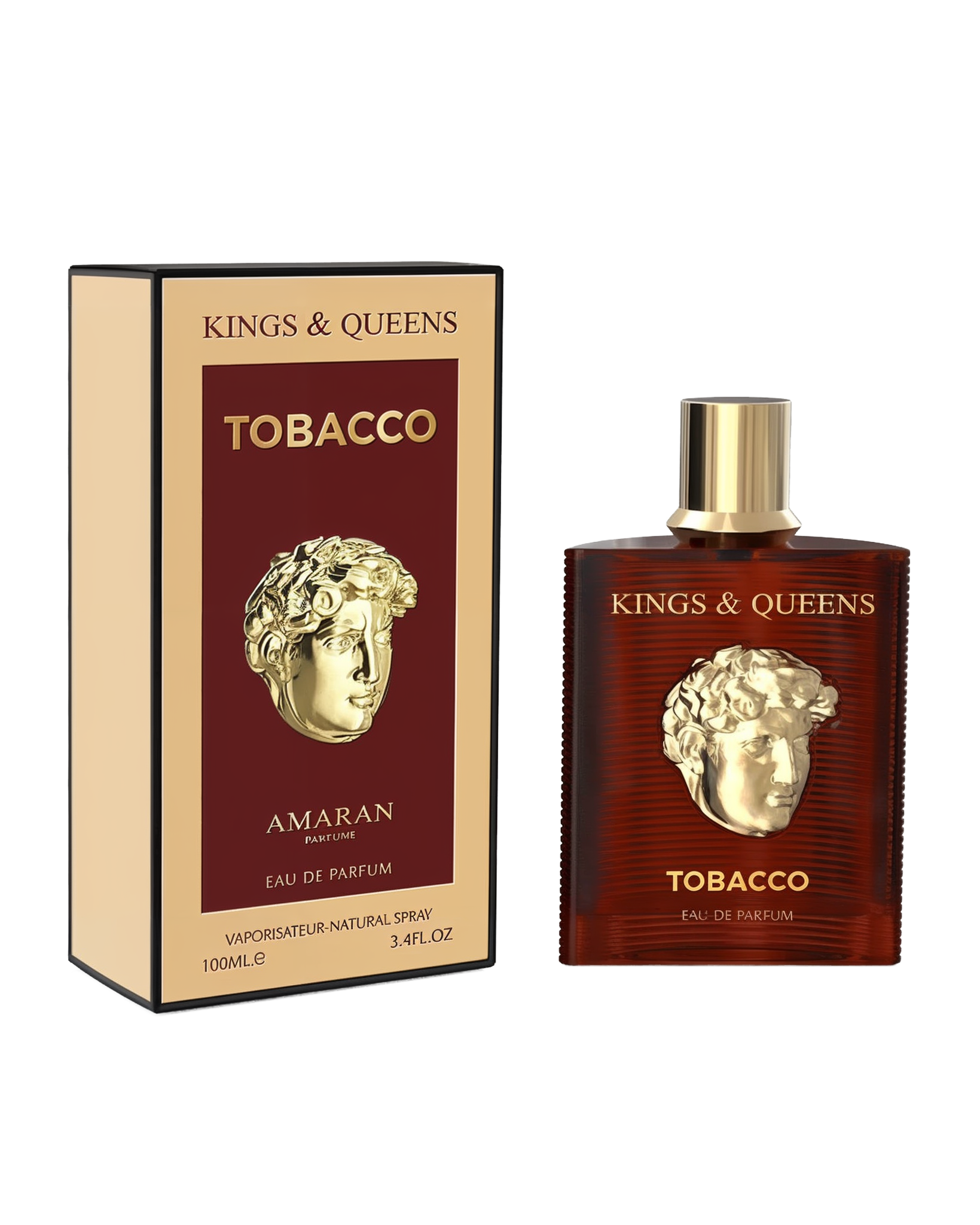 A rectangular warm brown perfume bottle with a gold classical bust on the front and a gold cap stands next to a black-edged maroon box. Both feature the text “Kings & Queens Tobacco” and the brand name “Amaran Parfums” in gold lettering.