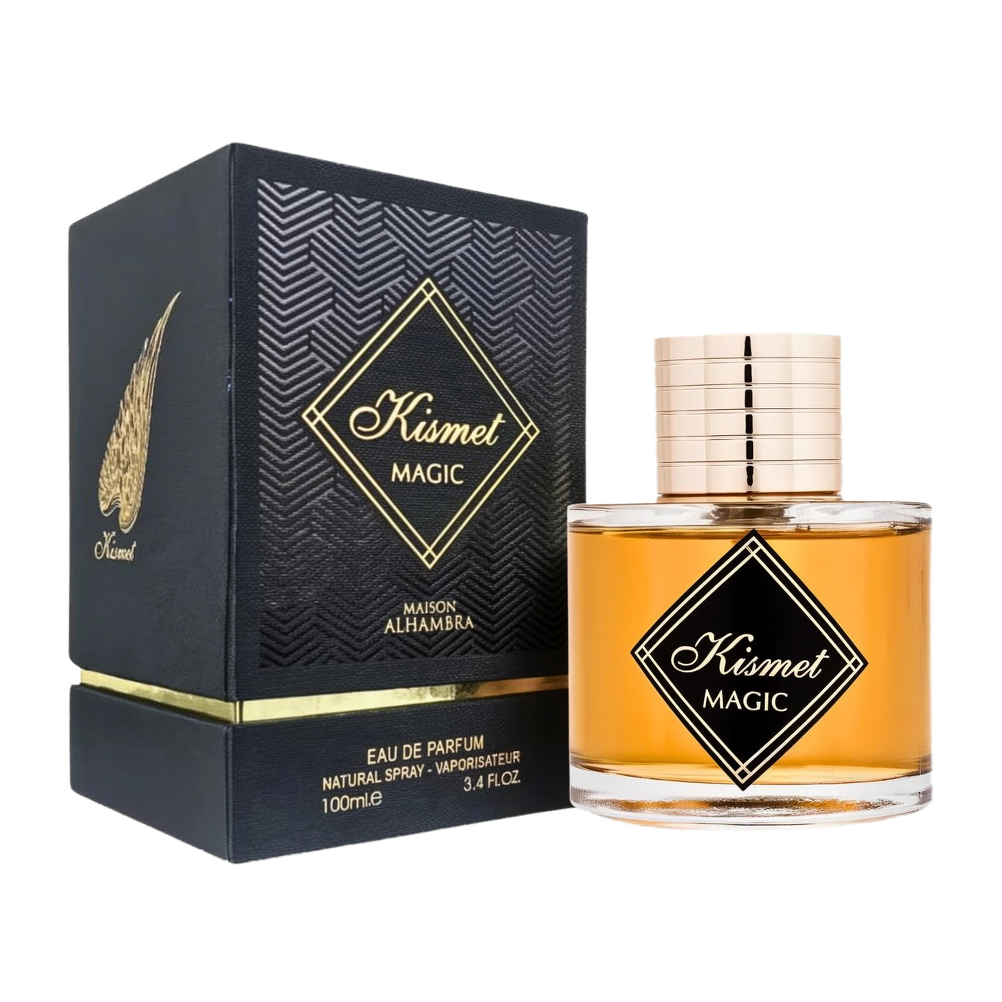 The image shows a product named "Kismet Magic" by Maison Alhambra. The product is an Eau de Parfum, housed in a round, clear glass bottle with a golden cap. The bottle contains a warm amber-colored liquid and features a black label with a gold diamond-sha