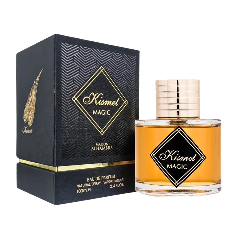 The image shows a product named "Kismet Magic" by Maison Alhambra. The product is an Eau de Parfum, housed in a round, clear glass bottle with a golden cap. The bottle contains a warm amber-colored liquid and features a black label with a gold diamond-sha