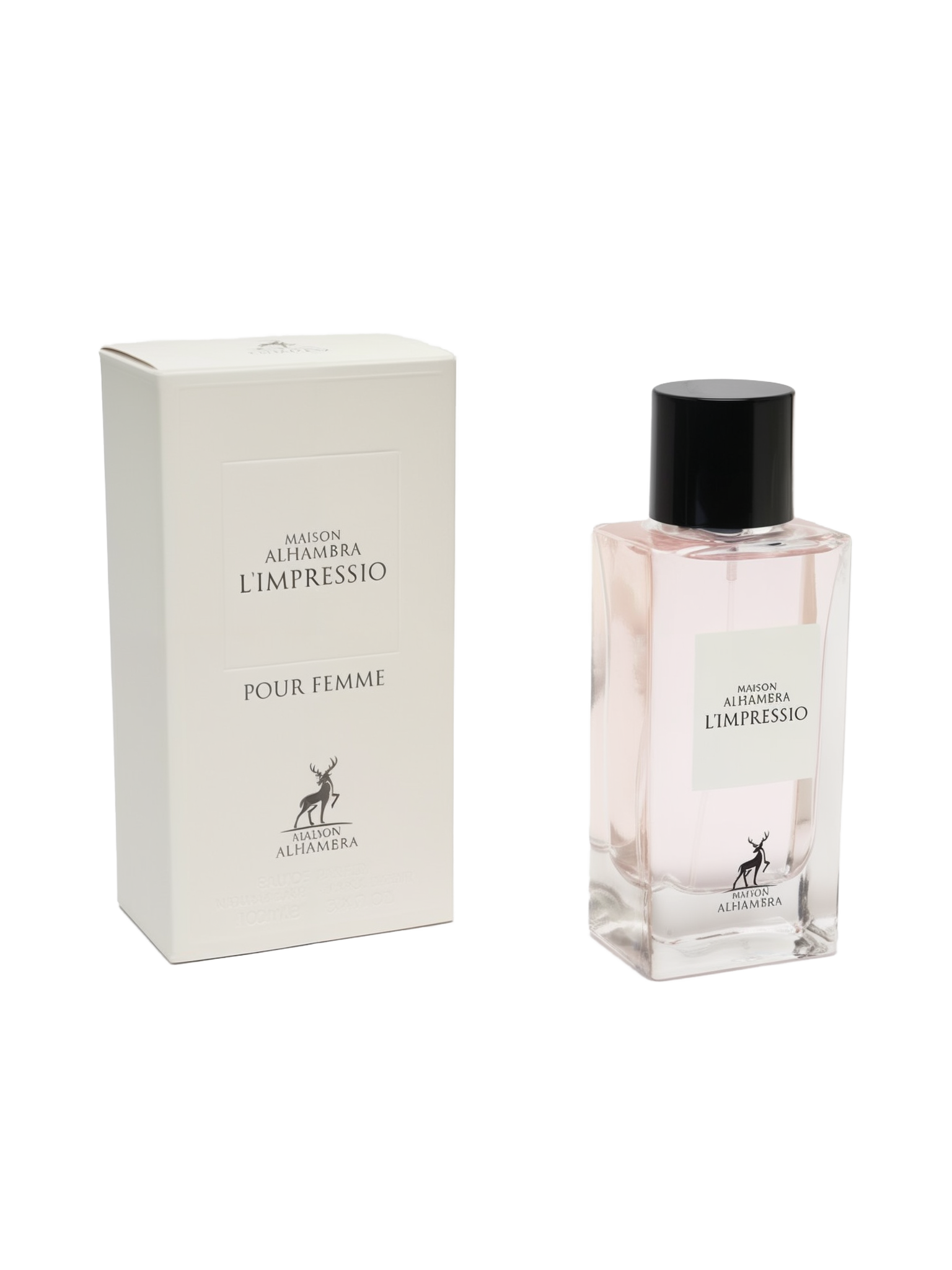 A product image of Maison Alhambra’s “L’Impressio Pour Femme” perfume: a tall, rectangular off-white gift box printed in simple black serif font with “Maison Alhambra L’Impressio” at the top, “Pour Femme” beneath, and a small stylized stag logo above “Maison Alhambra” at the bottom. Beside it stands a clear rectangular glass bottle filled with pale pink fragrance, topped by a glossy black cylindrical cap.
