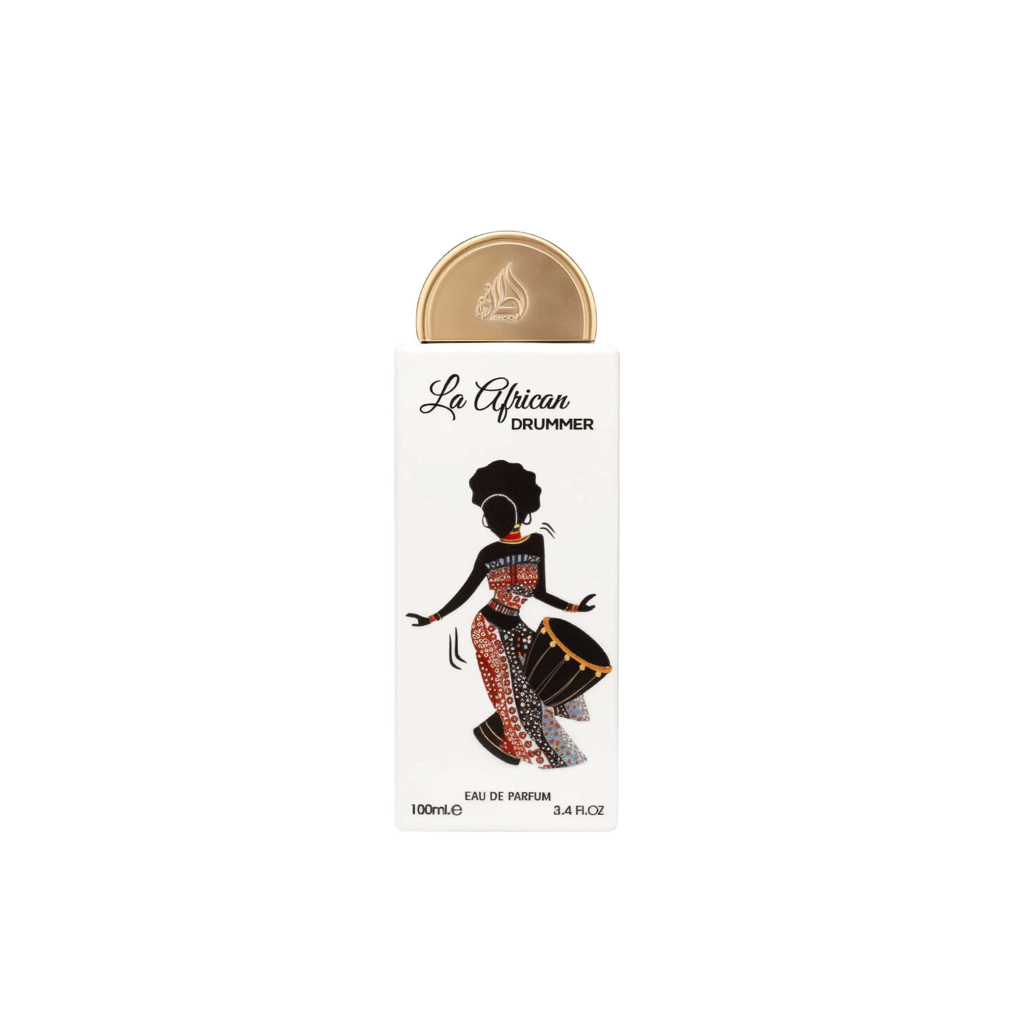 A white rectangular perfume box featuring a stylized illustration of a woman in colorful African attire, playing a drum. The product name, 'La African Drummer,' is written in black, elegant script near the top, with a gold circular cap featuring Arabic ca