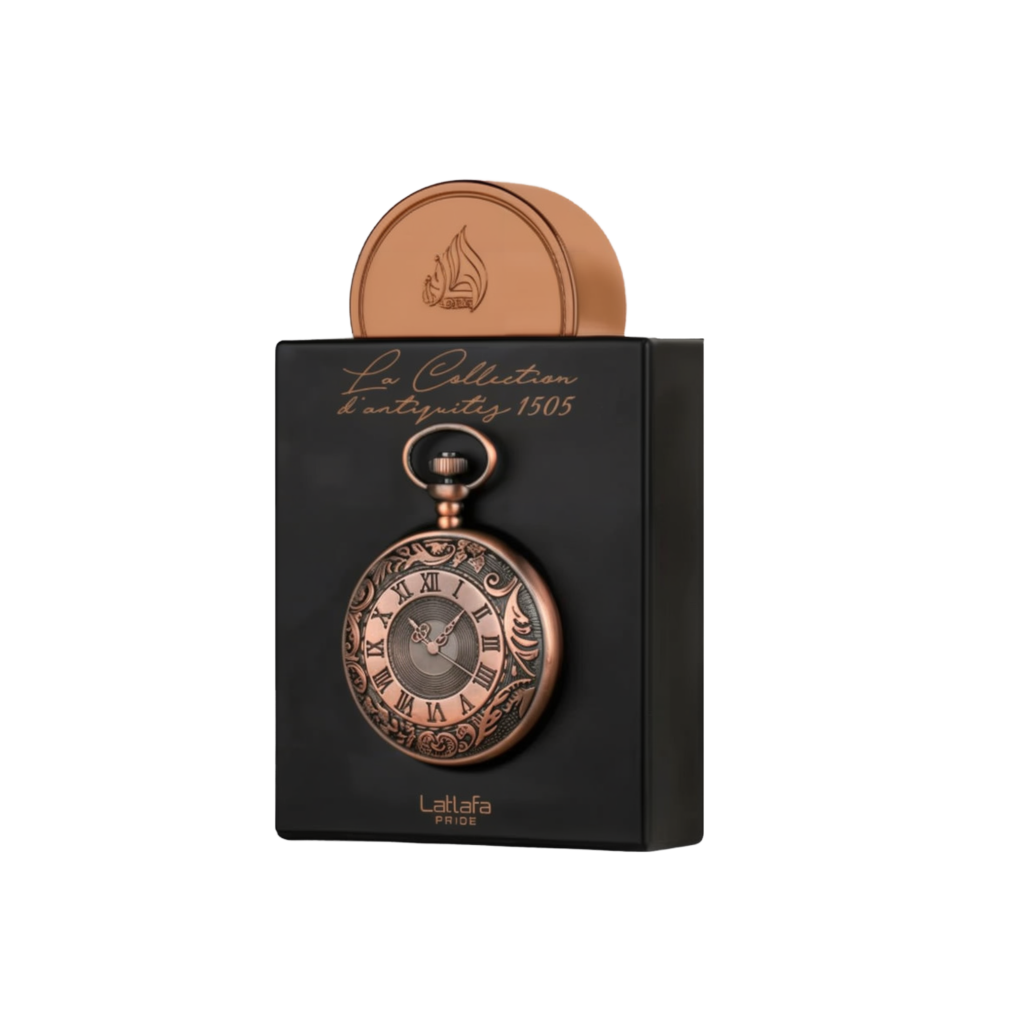 The image shows an elegantly designed perfume bottle from Lattafa Pride, part of "La Collection d'antiquités 1505." The bottle is crafted to resemble an antique pocket watch, with intricate engravings and Roman numerals on the face. The bottle has a rich,