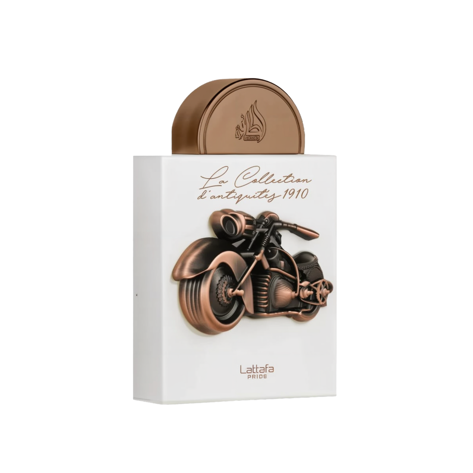 The image depicts a perfume box from "La Collection d'antiquité 1910" by Lattafa Pride. The box is white and features a copper-toned three-dimensional sculpture of a vintage motorcycle. The text "La Collection d'antiquité 1910" is elegantly written in cur
