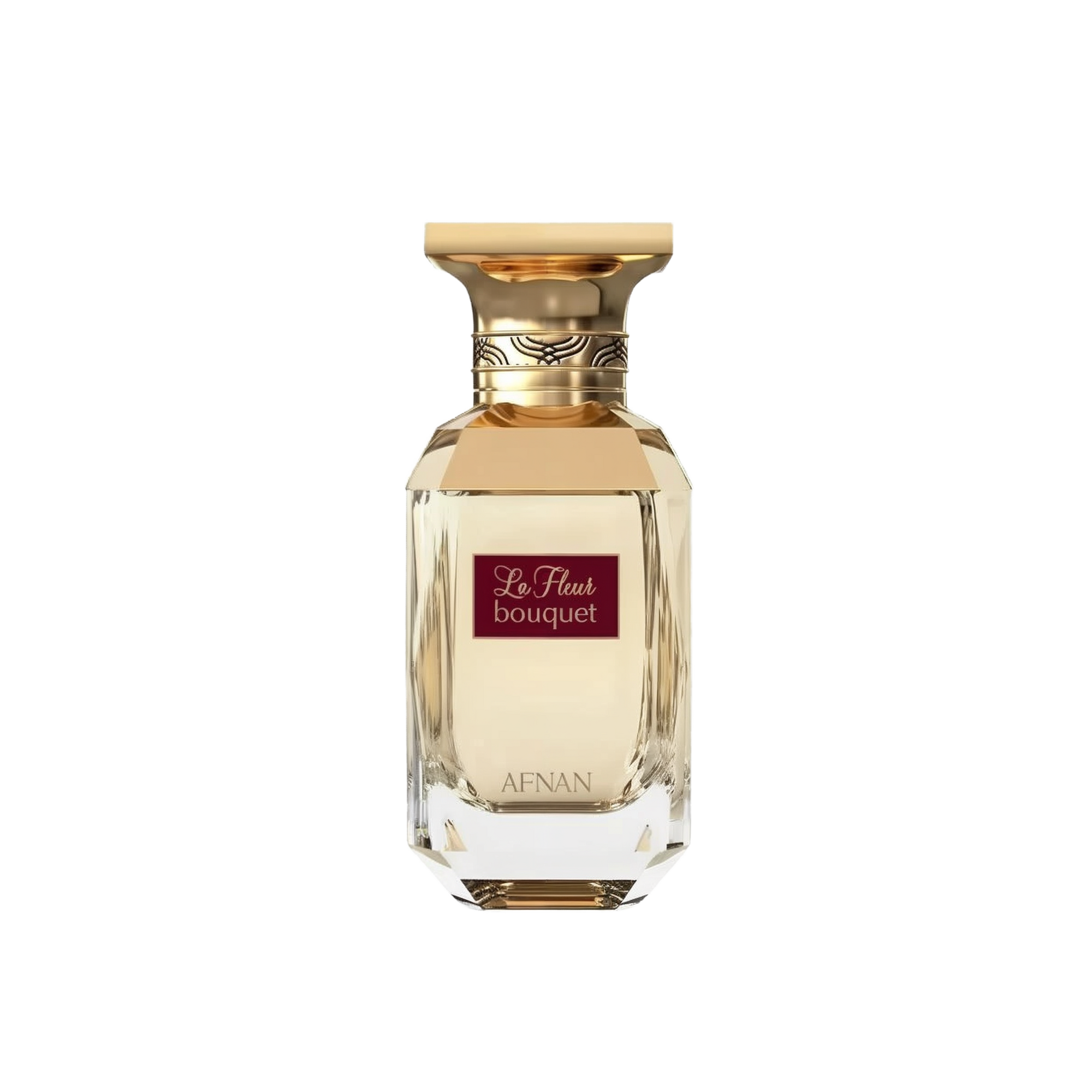 The image features a classic and elegant perfume bottle. The bottle is transparent with a multifaceted design that reflects light, giving it a luxurious crystal appearance. It has a broad, golden cap with decorative elements around its neck. On the front of the bottle, there is a maroon label with the text "La Fleur bouquet" in white cursive script, and below on the bottle's base is the brand name "AFNAN" in capital letters. 
