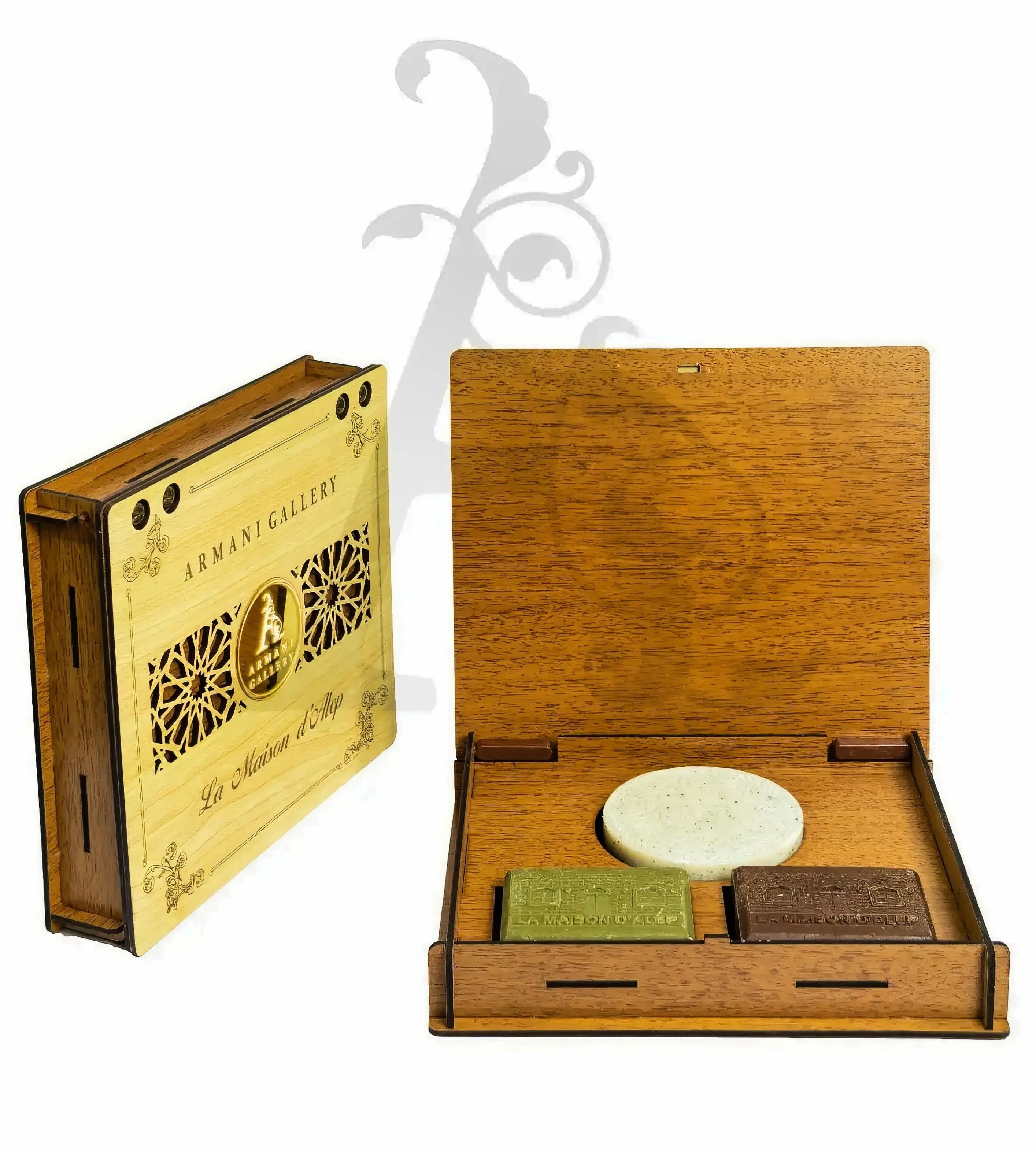 La Maison Natural Soap Set in Wooden Engraved Box - 3 Pieces (450gm) - La Maison d'Alep