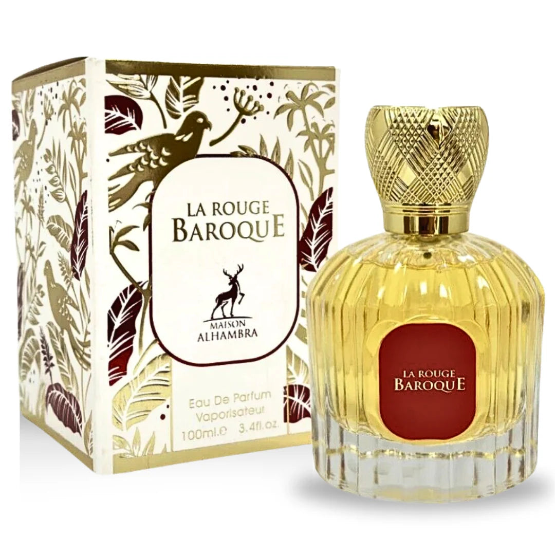 The image shows a product called "La Rouge Baroque" by Maison Alhambra. The product consists of a luxurious gold-colored bottle of Eau de Parfum and its corresponding box. The box features an elegant design with gold and burgundy floral and bird motifs, with the brand name "La Rouge Baroque" prominently displayed in gold lettering on a white label.