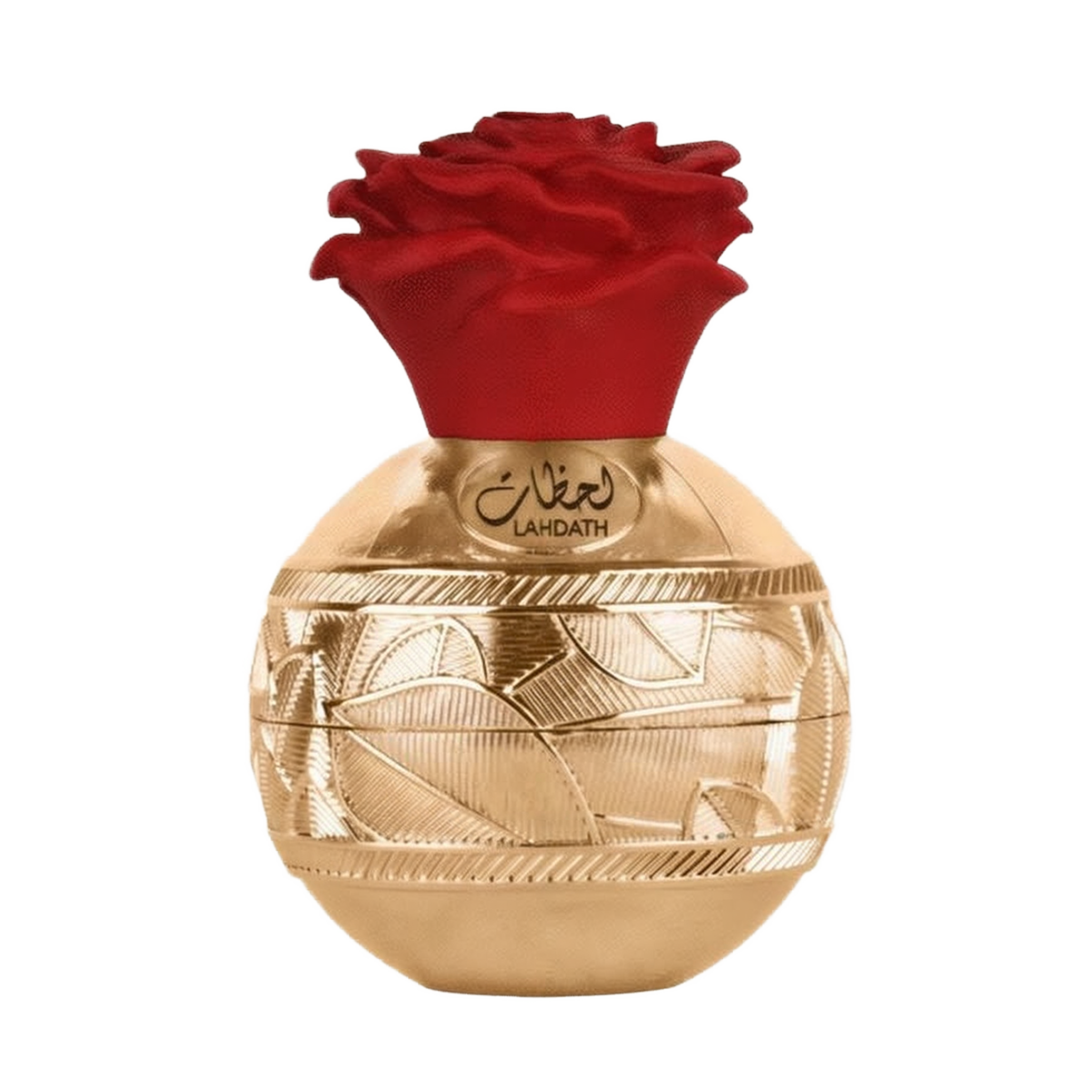 The image shows a luxurious perfume bottle with a golden spherical base featuring ornate, engraved patterns. A red, rose-shaped cap sits on top of the bottle, adding a vibrant contrast to the gold base. The front of the bottle has Arabic script reading "L