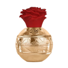 The image shows a luxurious perfume bottle with a golden spherical base featuring ornate, engraved patterns. A red, rose-shaped cap sits on top of the bottle, adding a vibrant contrast to the gold base. The front of the bottle has Arabic script reading "L