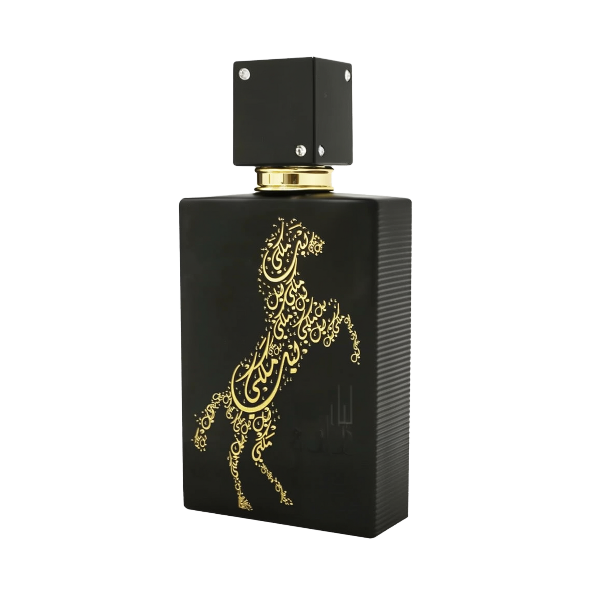 A sleek black bottle of Lail Maleki Eau de Parfum by Ard Al Zaafaran, featuring an elegant gold design of a rearing horse made up of intricate Arabic calligraphy. The bottle has a textured finish and a square black cap adorned with small silver accents. The luxurious and artistic design of the bottle highlights the sophistication and exclusivity of the fragrance.
