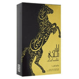 The packaging box for Lail Maleki Eau de Parfum by Ard Al Zaafaran. The box features a striking design with a gold and black color scheme. A detailed gold illustration of a rearing horse, created with intricate Arabic calligraphy, is prominently displayed on the black background. The product name, "Lail Maleki," and the brand name, "Lattafa," are written in elegant fonts.