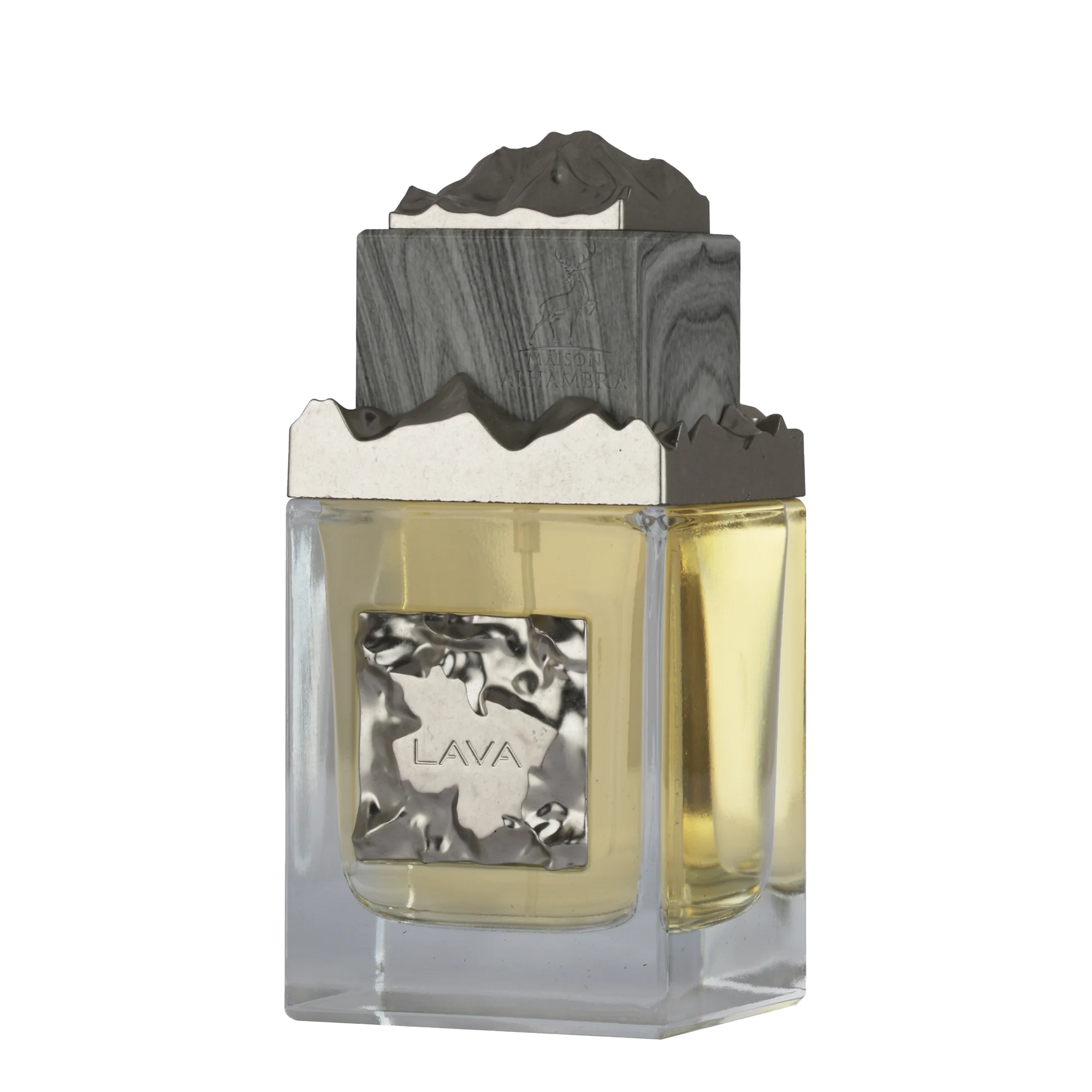Maison Alhambra Lava perfume bottle with metallic silver label and textured stone-like cap.