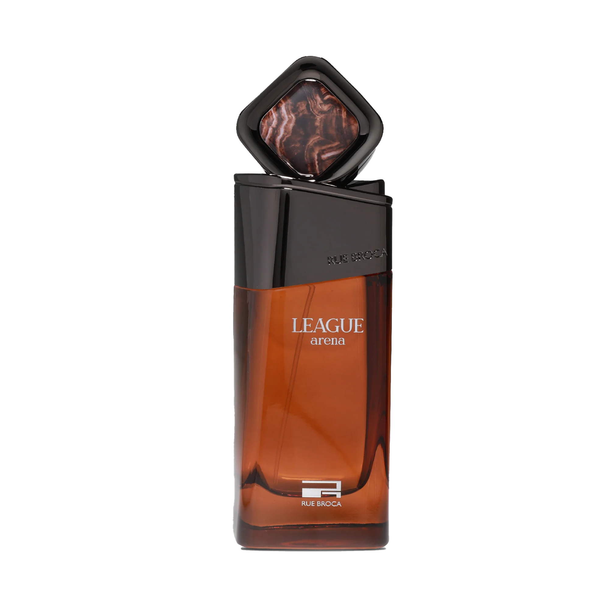 Rue Broca League Arena perfume in amber and black bottle with unique square cap design.