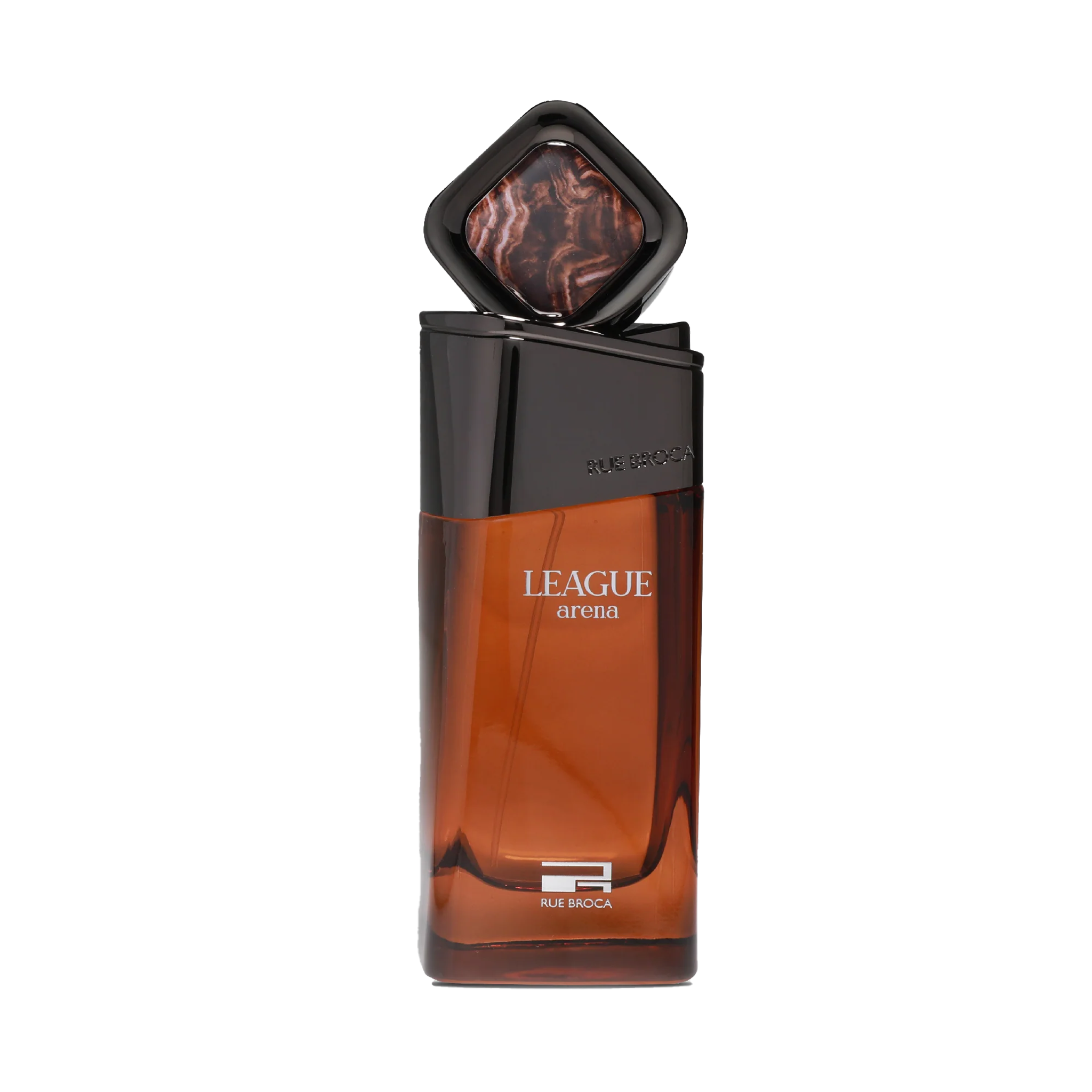Rue Broca League Arena perfume in amber and black bottle with unique square cap design.