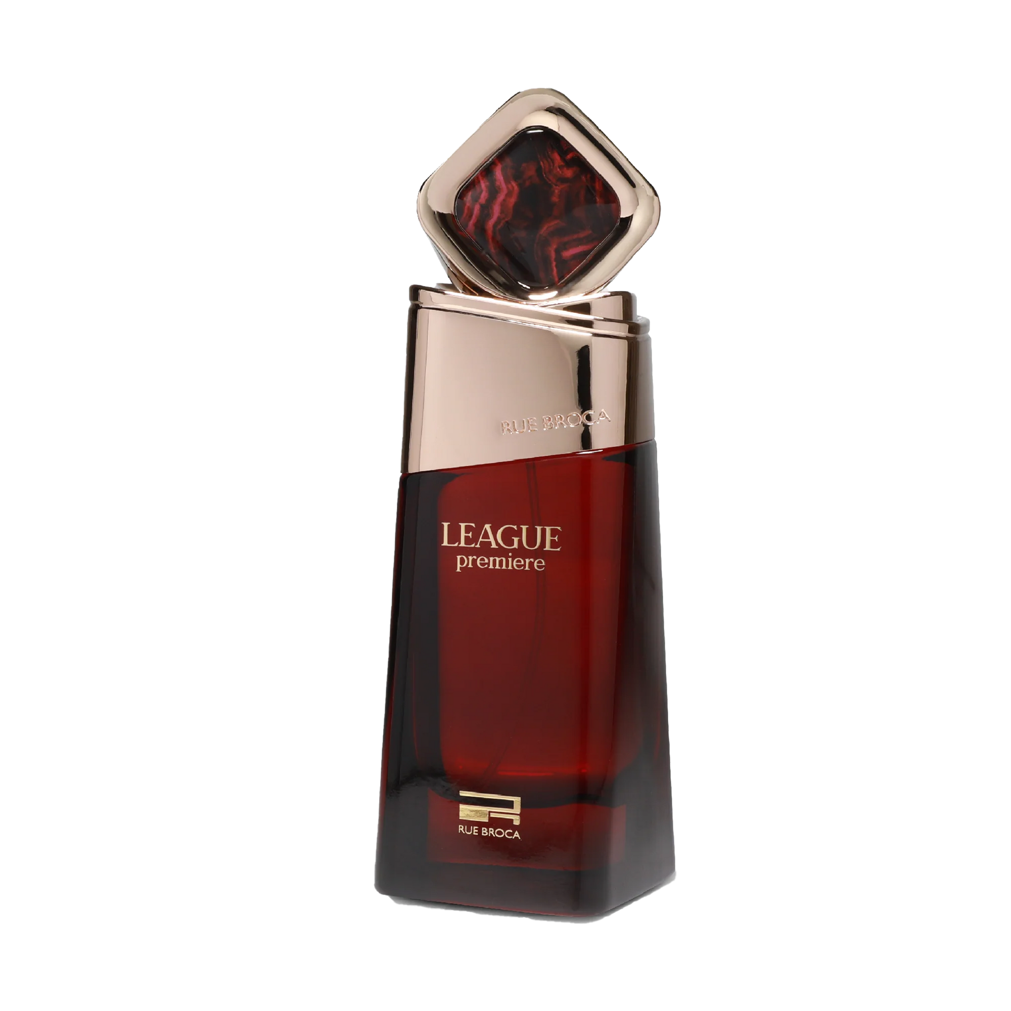 Rue Broca League Premiere is a bottled perfume with an angular dark red glass body and square marbled red accent on top.