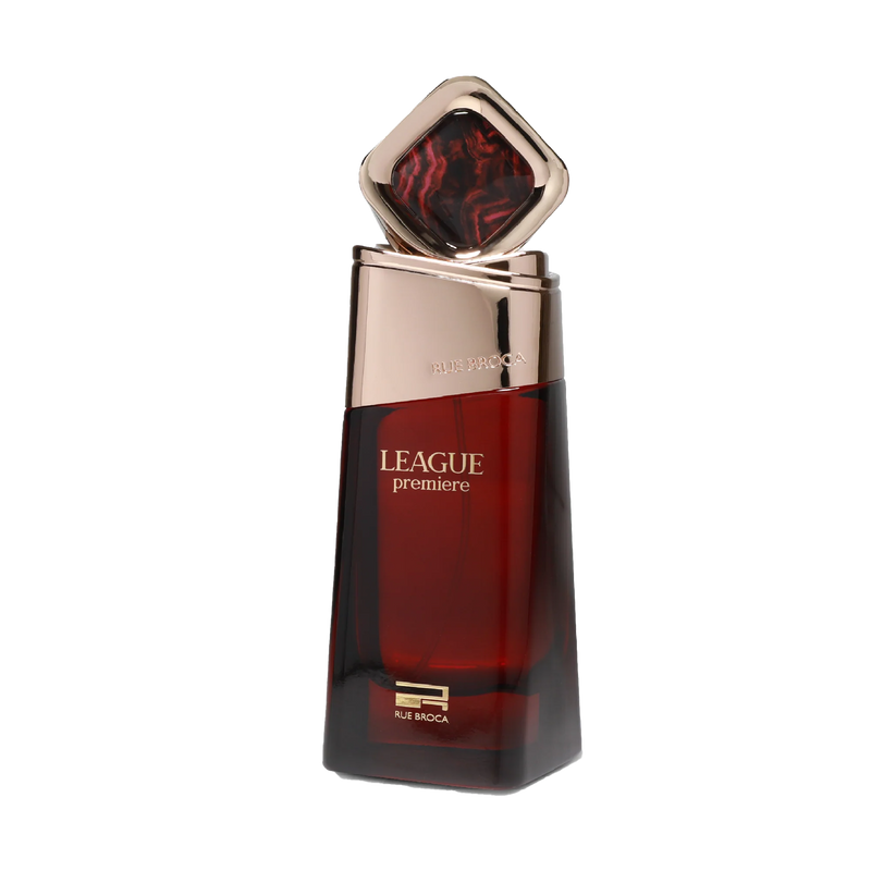 Rue Broca League Premiere is a bottled perfume with an angular dark red glass body and square marbled red accent on top.
