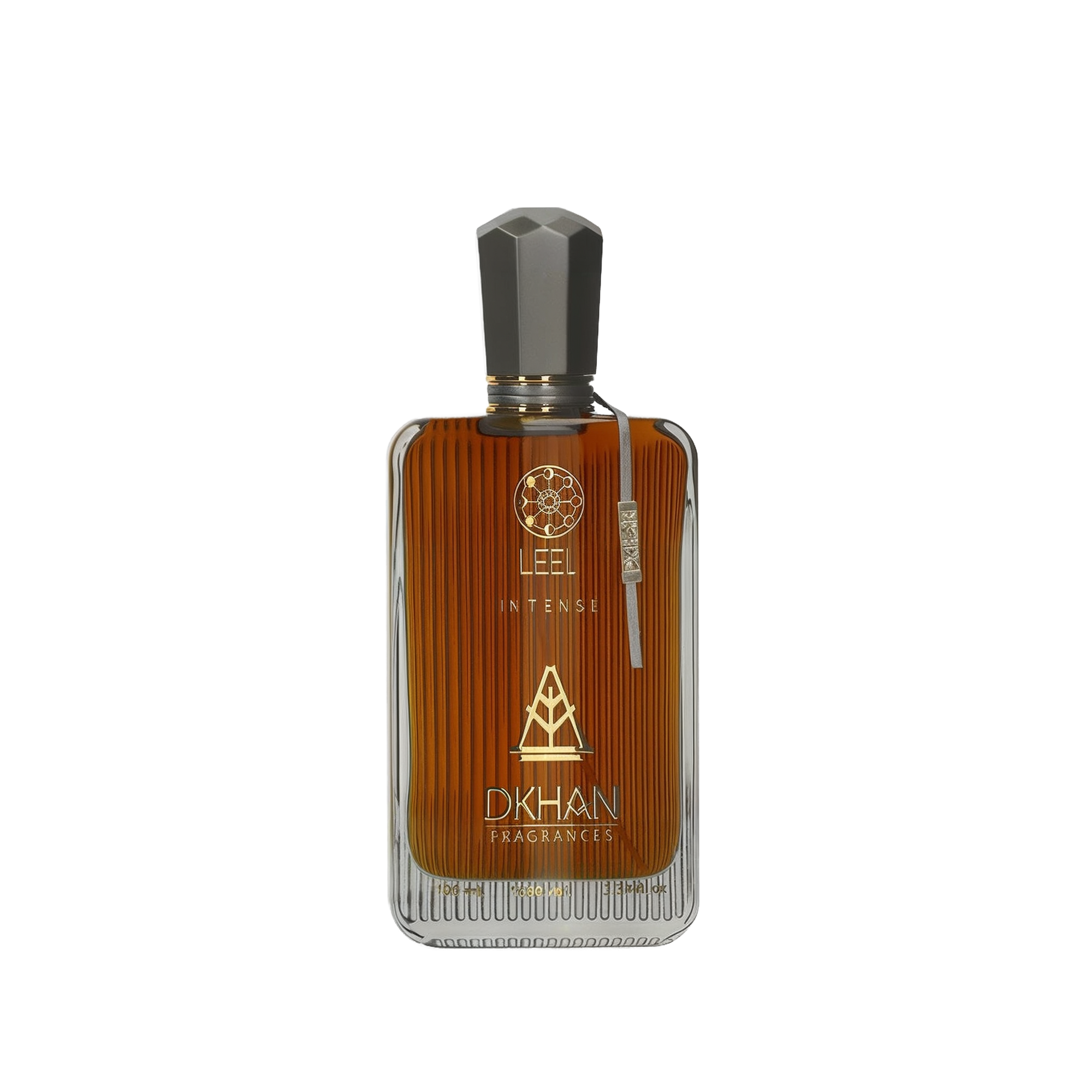 The image features a sleek glass perfume bottle with a rich, amber-hued liquid inside. The front of the bottle displays the word "LEEL" in large, bold letters, with "INTENSE" just beneath it in a smaller font. Below this, the "DKHAN FRAGRANCES" emblem is prominently centered. At the top of the bottle, a golden geometric design is visible. The cap is a faceted black design, suggesting a luxurious and modern aesthetic. 