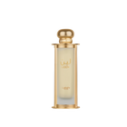 The image shows a perfume bottle named "Leen" by Lattafa Pride. The bottle is cylindrical with a transparent glass body that has a gold gradient starting from the top, and it is supported by a gold base and topped with a matching gold cap. The name "LEEN"