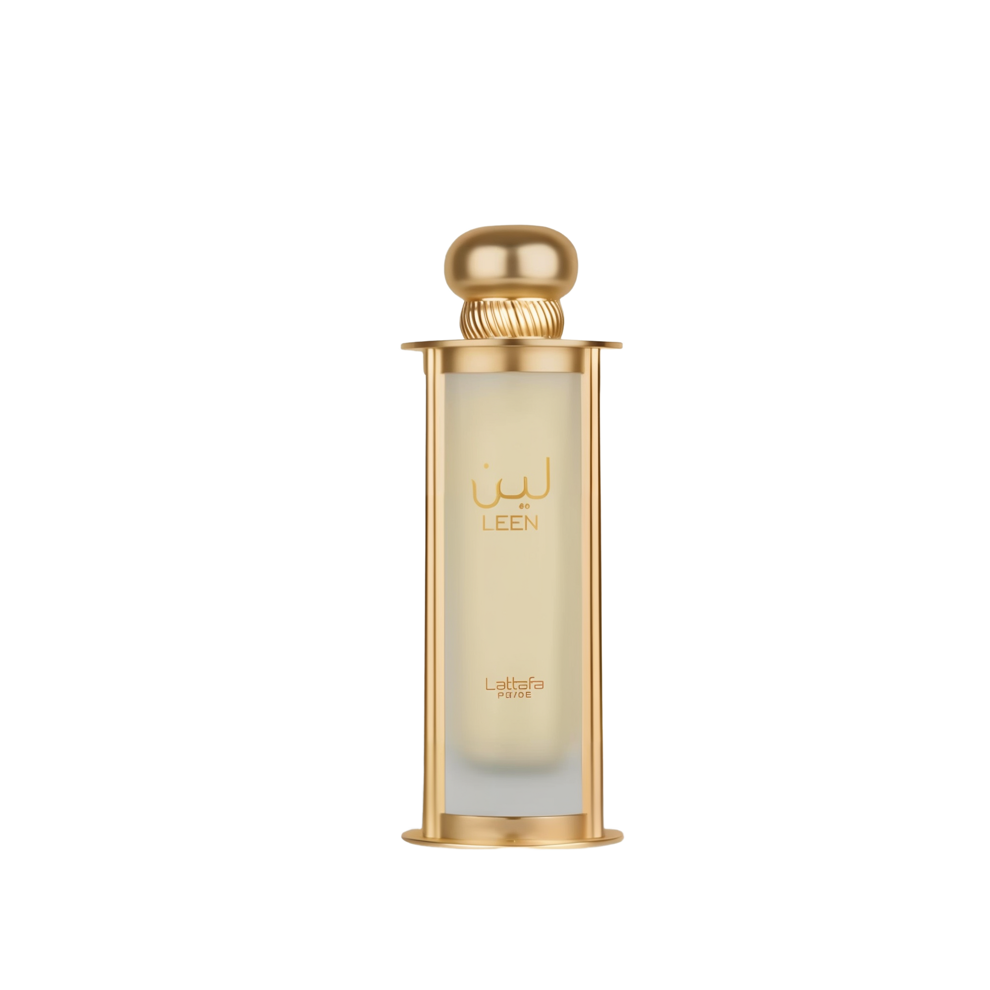 The image shows a perfume bottle named "Leen" by Lattafa Pride. The bottle is cylindrical with a transparent glass body that has a gold gradient starting from the top, and it is supported by a gold base and topped with a matching gold cap. The name "LEEN"