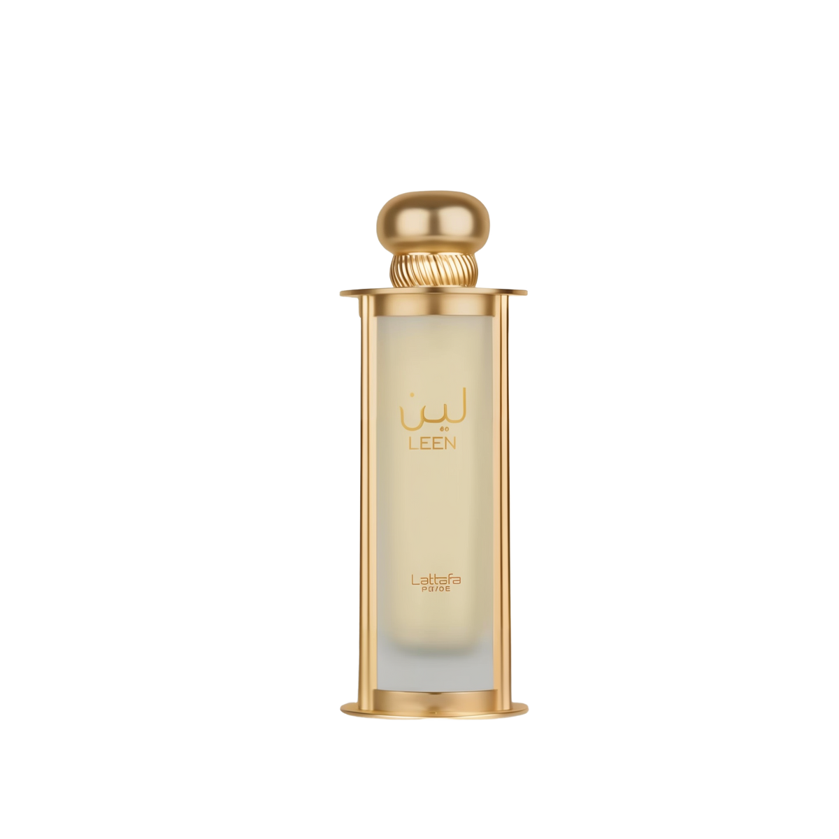 The image shows a perfume bottle named "Leen" by Lattafa Pride. The bottle is cylindrical with a transparent glass body that has a gold gradient starting from the top, and it is supported by a gold base and topped with a matching gold cap. The name "LEEN"