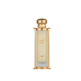 The image shows a perfume bottle named "Leen" by Lattafa Pride. The bottle is cylindrical with a transparent glass body that has a gold gradient starting from the top, and it is supported by a gold base and topped with a matching gold cap. The name "LEEN"