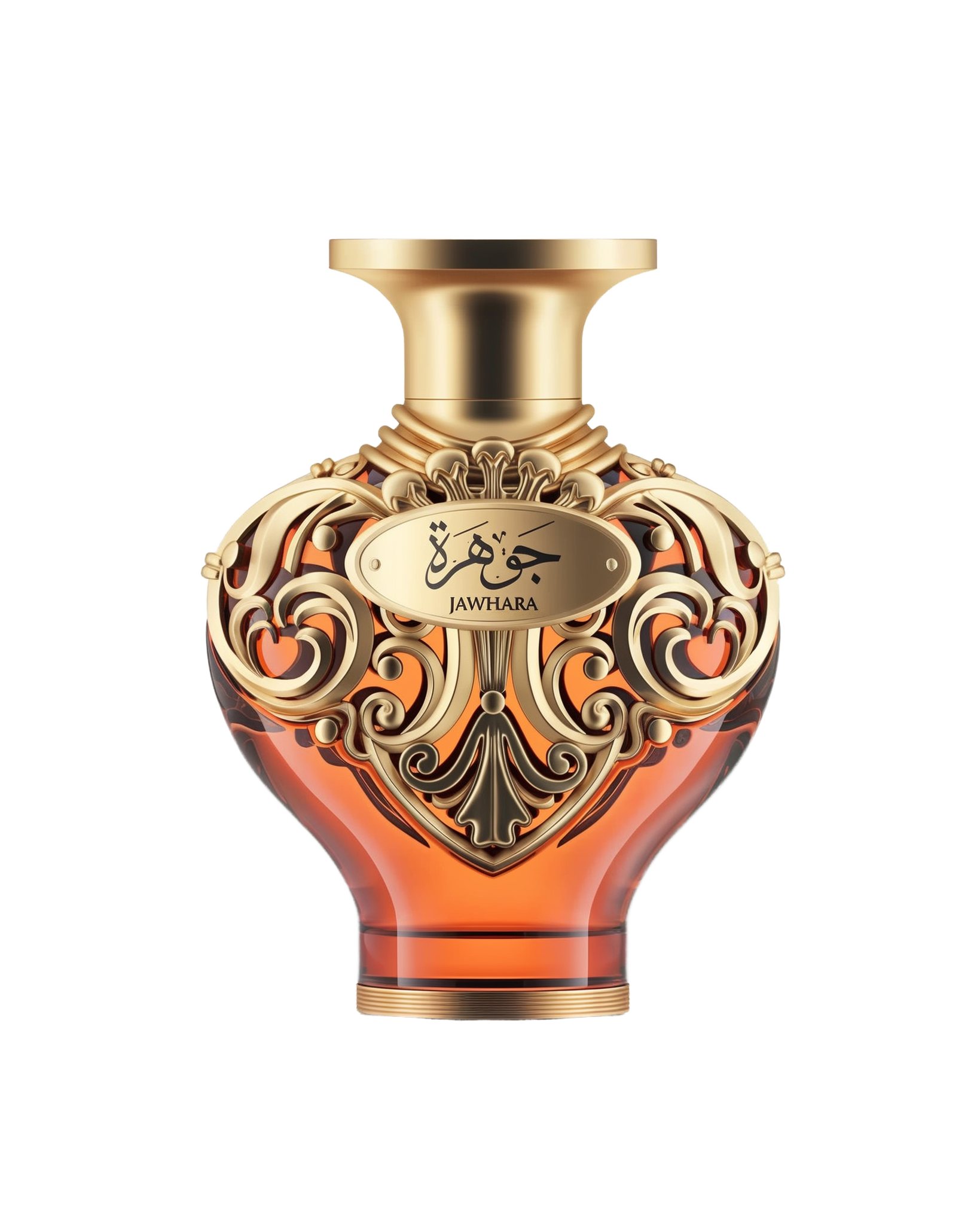 A product shot of Le Falcone Niche Collection’s “Jawhara” perfume bottle against a white background: a heart-shaped amber glass vessel topped with a wide, gold-tone cap. The bottle’s upper half is wrapped in ornate gold filigree with elegant arabesque scrollwork, featuring an oval plaque engraved with Arabic calligraphy above the word “Jawhara.”