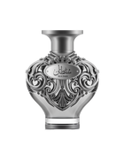 Ornate, sculptural perfume bottle from Le?Falcone’s Sultan Niche Collection in a metallic silver-gray finish, its bulbous body adorned with intricate filigree scrollwork and a polished oval plaque bearing Arabic calligraphy “?????” above the English word “SULTAN.