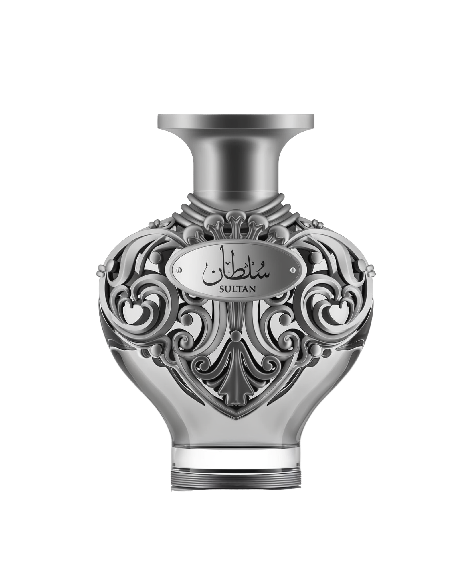 Ornate, sculptural perfume bottle from Le?Falcone’s Sultan Niche Collection in a metallic silver-gray finish, its bulbous body adorned with intricate filigree scrollwork and a polished oval plaque bearing Arabic calligraphy “?????” above the English word “SULTAN.