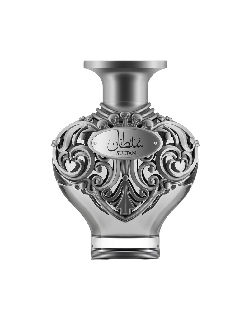 Ornate, sculptural perfume bottle from Le?Falcone’s Sultan Niche Collection in a metallic silver-gray finish, its bulbous body adorned with intricate filigree scrollwork and a polished oval plaque bearing Arabic calligraphy “?????” above the English word “SULTAN.