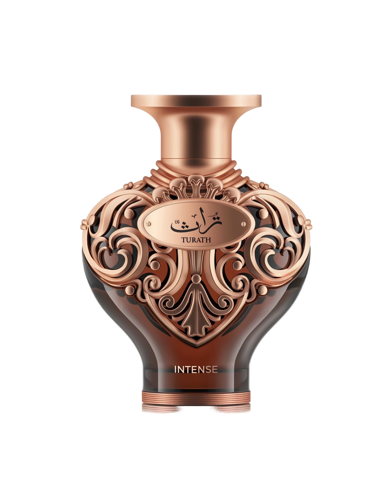 A high-resolution product shot of Le Falcone Niche Collection’s “Turath Intense” perfume bottle against a white background. The bottle has a dark amber, heart-shaped glass body topped with a wide, copper-toned neck and cap. Its upper half is covered in ornate, scrolling filigree in a polished copper finish, forming elegant arabesque patterns. A matching copper plaque at the front bears Arabic calligraphy above the word “TURATH,” and “INTENSE” appears in gold lettering near the base.