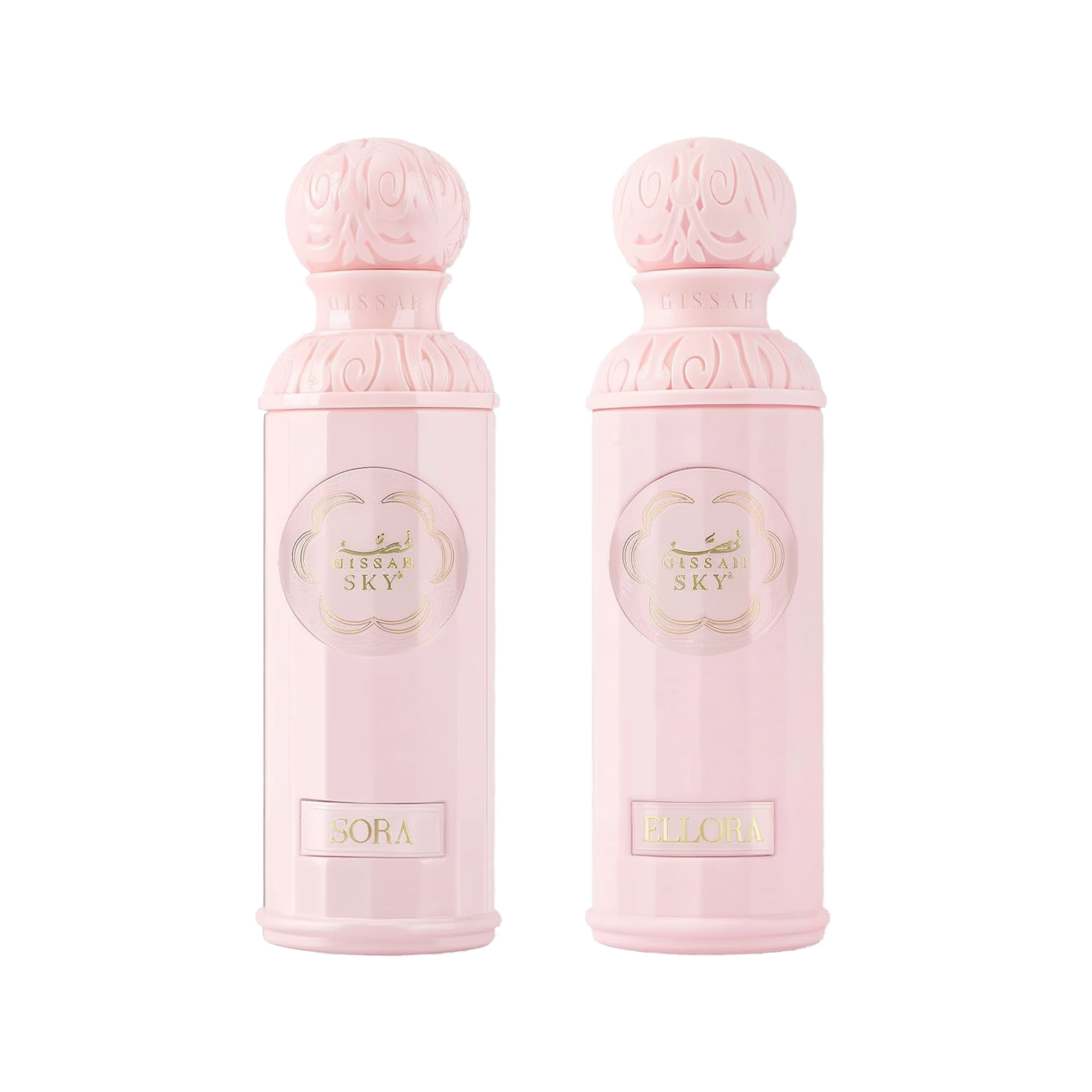 The image features two light pink perfume bottles from the "Legend of the Sky for Her" collection by Gissah, named "Sora" and "Ellora." The bottles have a cylindrical shape with detailed ornamental designs embossed on the silver caps and the central gold medallions. The names "Sora" and "Ellora" are inscribed on gold plaques at the base of each bottle. 