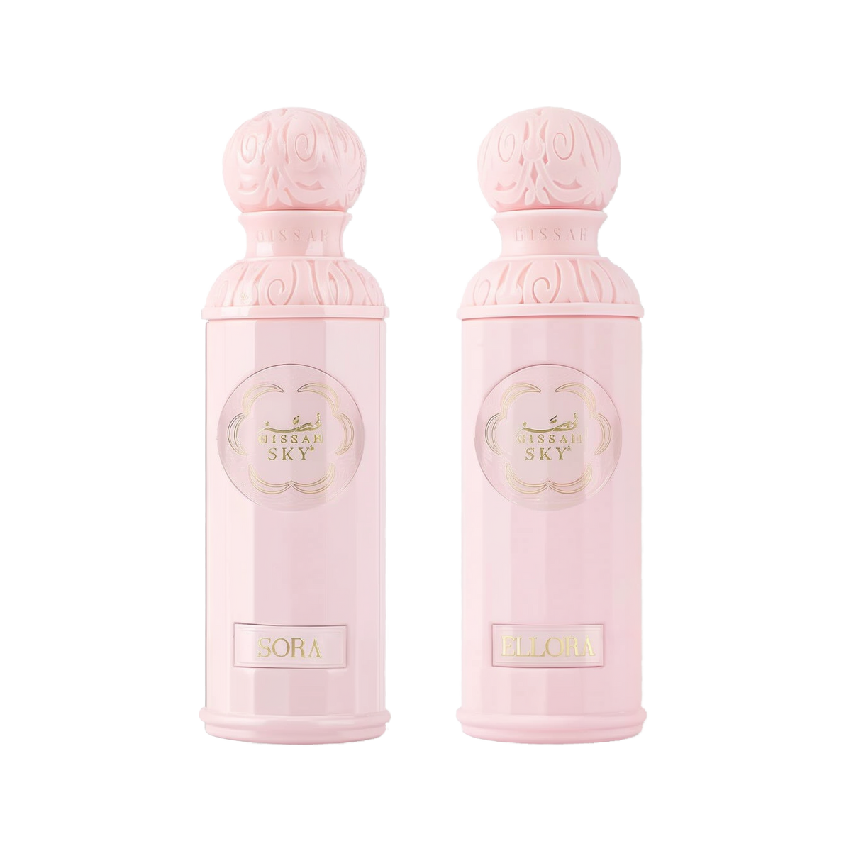 The image features two light pink perfume bottles from the "Legend of the Sky for Her" collection by Gissah, named "Sora" and "Ellora." The bottles have a cylindrical shape with detailed ornamental designs embossed on the silver caps and the central gold medallions. The names "Sora" and "Ellora" are inscribed on gold plaques at the base of each bottle. 
