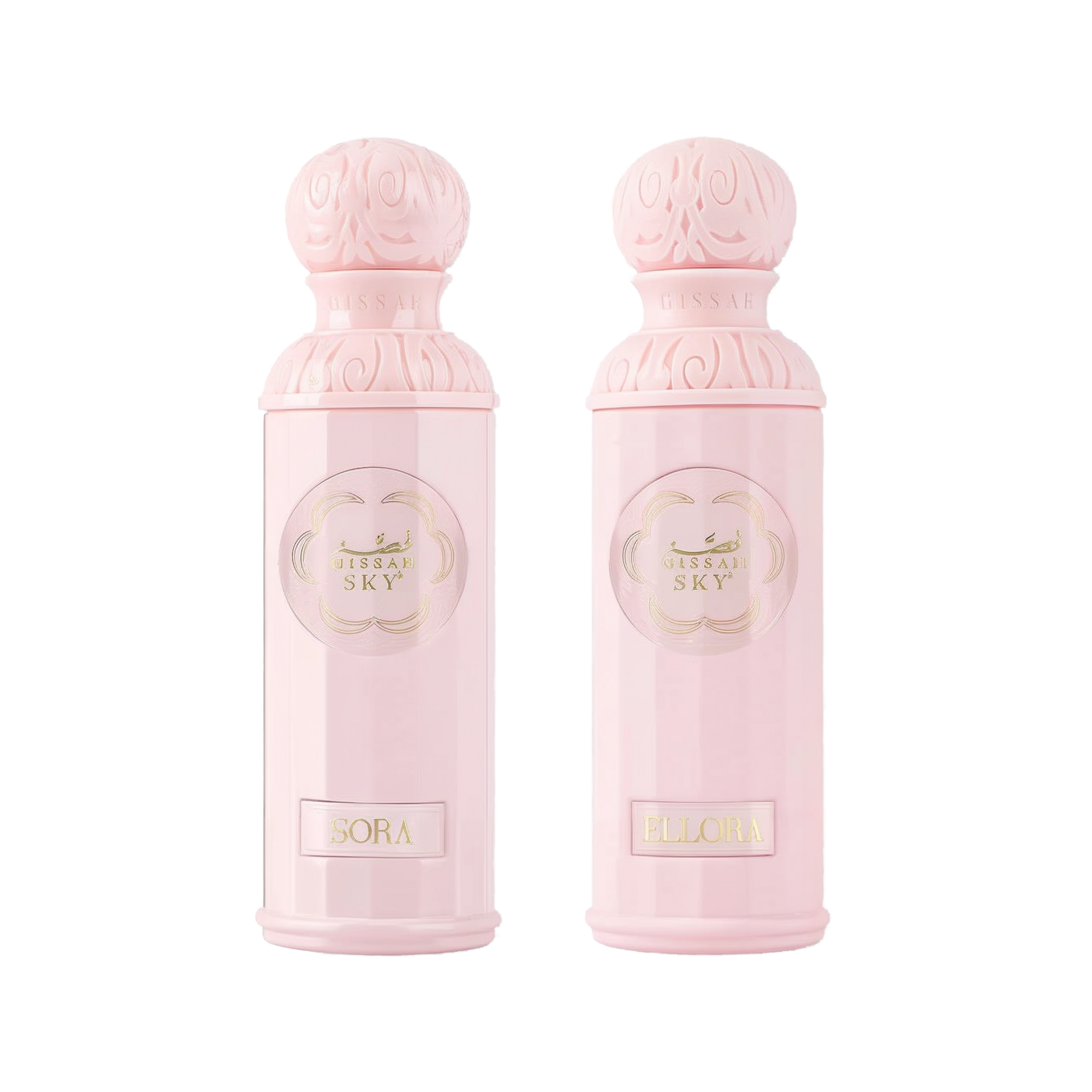 The image features two light pink perfume bottles from the "Legend of the Sky for Her" collection by Gissah, named "Sora" and "Ellora." The bottles have a cylindrical shape with detailed ornamental designs embossed on the silver caps and the central gold medallions. The names "Sora" and "Ellora" are inscribed on gold plaques at the base of each bottle. 