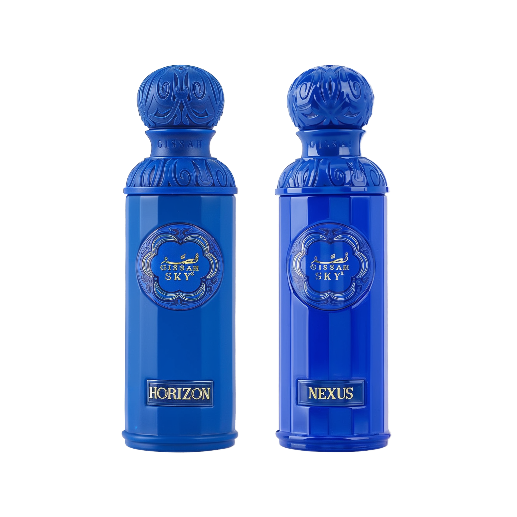 The image displays two perfume bottles from the "Legend of the Sky" collection by Gissah, named "Horizon" and "Nexus." Both bottles are vibrant blue with a tall, cylindrical shape and an ornate, embossed cap. The front of each bottle features an ornamental gold emblem with the collection's name, "GISSAH SKY," and each has a gold label with the individual fragrance's name. 