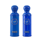 The image displays two perfume bottles from the "Legend of the Sky" collection by Gissah, named "Horizon" and "Nexus." Both bottles are vibrant blue with a tall, cylindrical shape and an ornate, embossed cap. The front of each bottle features an ornamental gold emblem with the collection's name, "GISSAH SKY," and each has a gold label with the individual fragrance's name. 