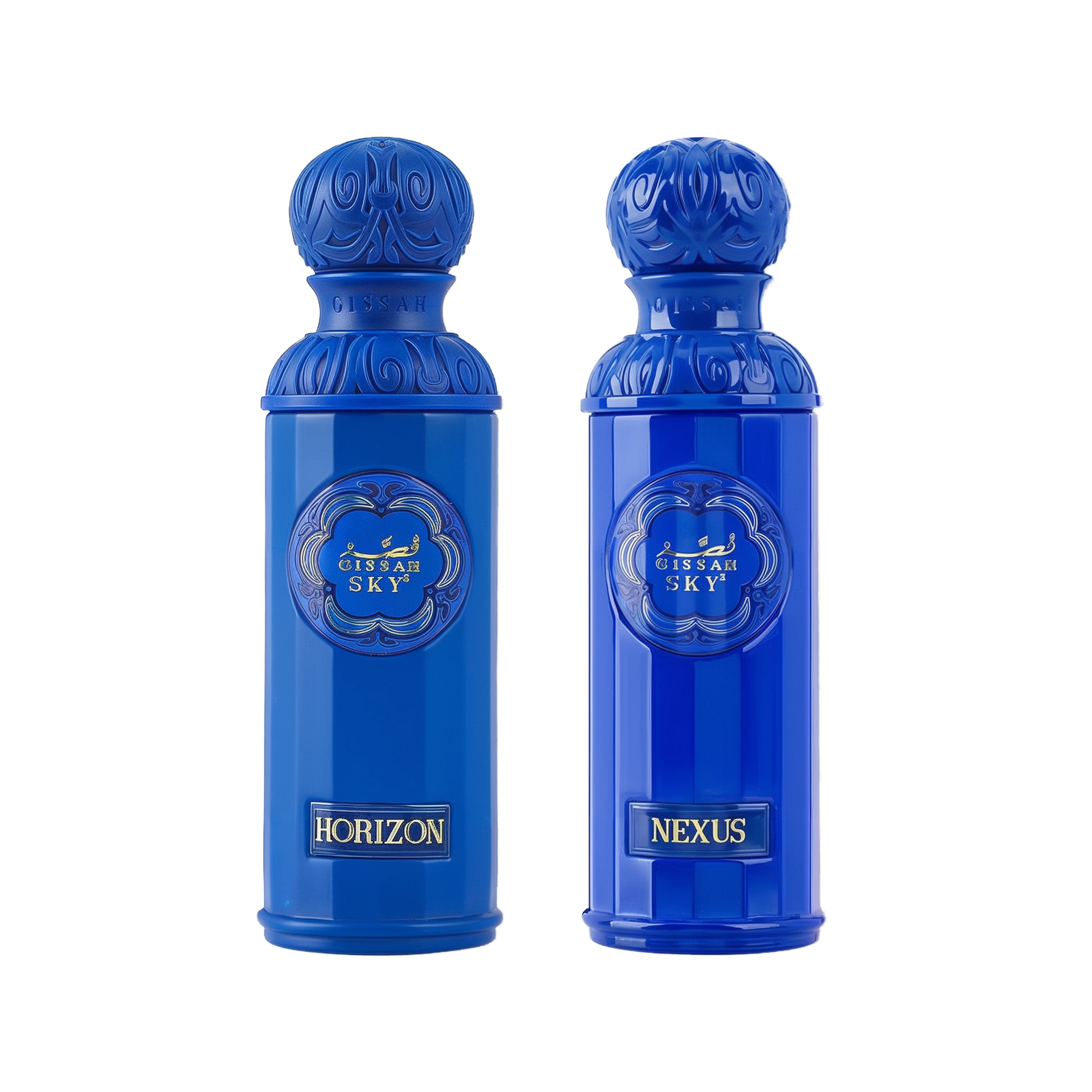 The image displays two perfume bottles from the "Legend of the Sky" collection by Gissah, named "Horizon" and "Nexus." Both bottles are vibrant blue with a tall, cylindrical shape and an ornate, embossed cap. The front of each bottle features an ornamental gold emblem with the collection's name, "GISSAH SKY," and each has a gold label with the individual fragrance's name. 